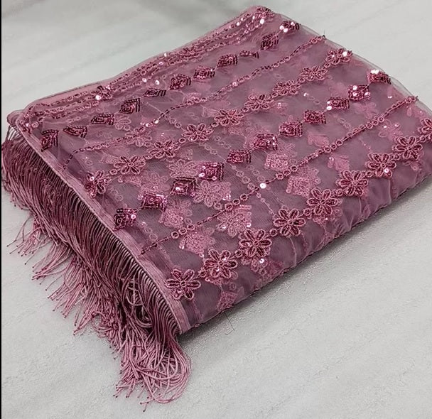 Partywear Onion Color Soft Net Sequence Work Fancy Designer Saree With Embroidered Blouse