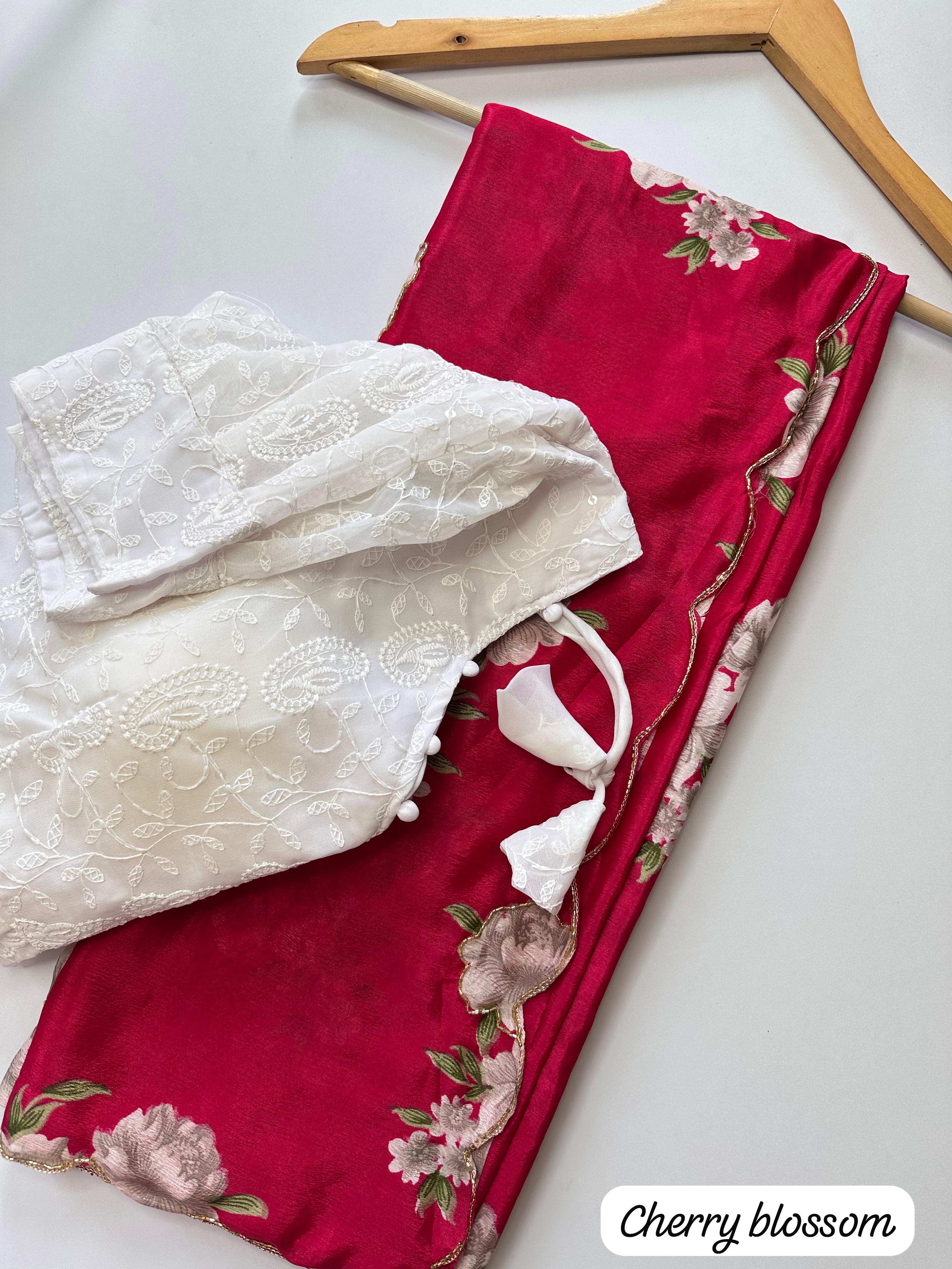 Heavy Pure Chinnon Fabric Flower Print with Handwork Fancy Designer Saree With Unstitched Blouse Piece