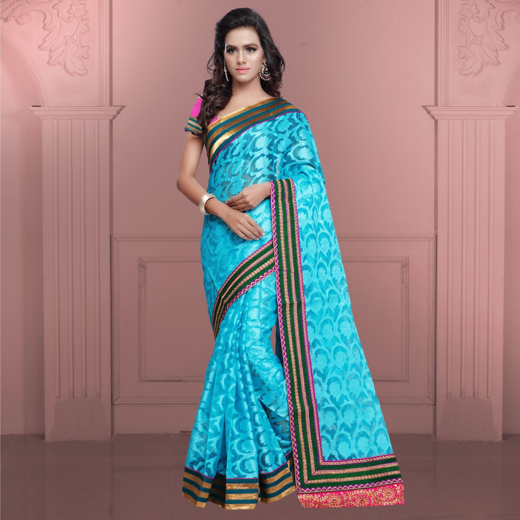 Partywear Blue Colour Brasso Net Embroidery Lace Fancy Designer Saree With Blouse