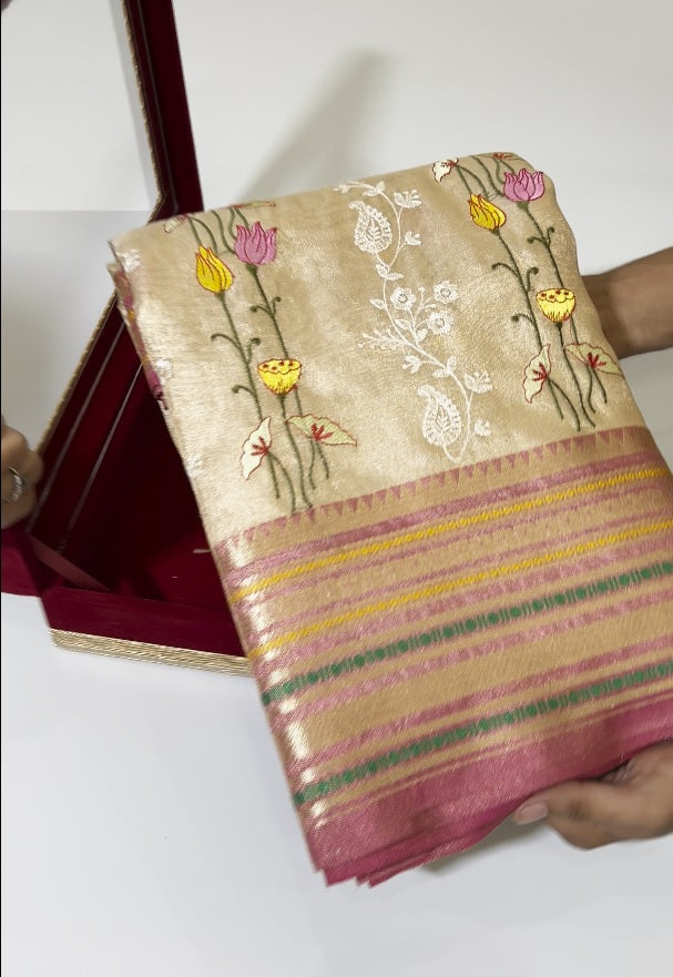 Festive wear Golden Color Banarasi Handloom TIssue Silk Emboidery Work Fancy Designer Saree With Blouse