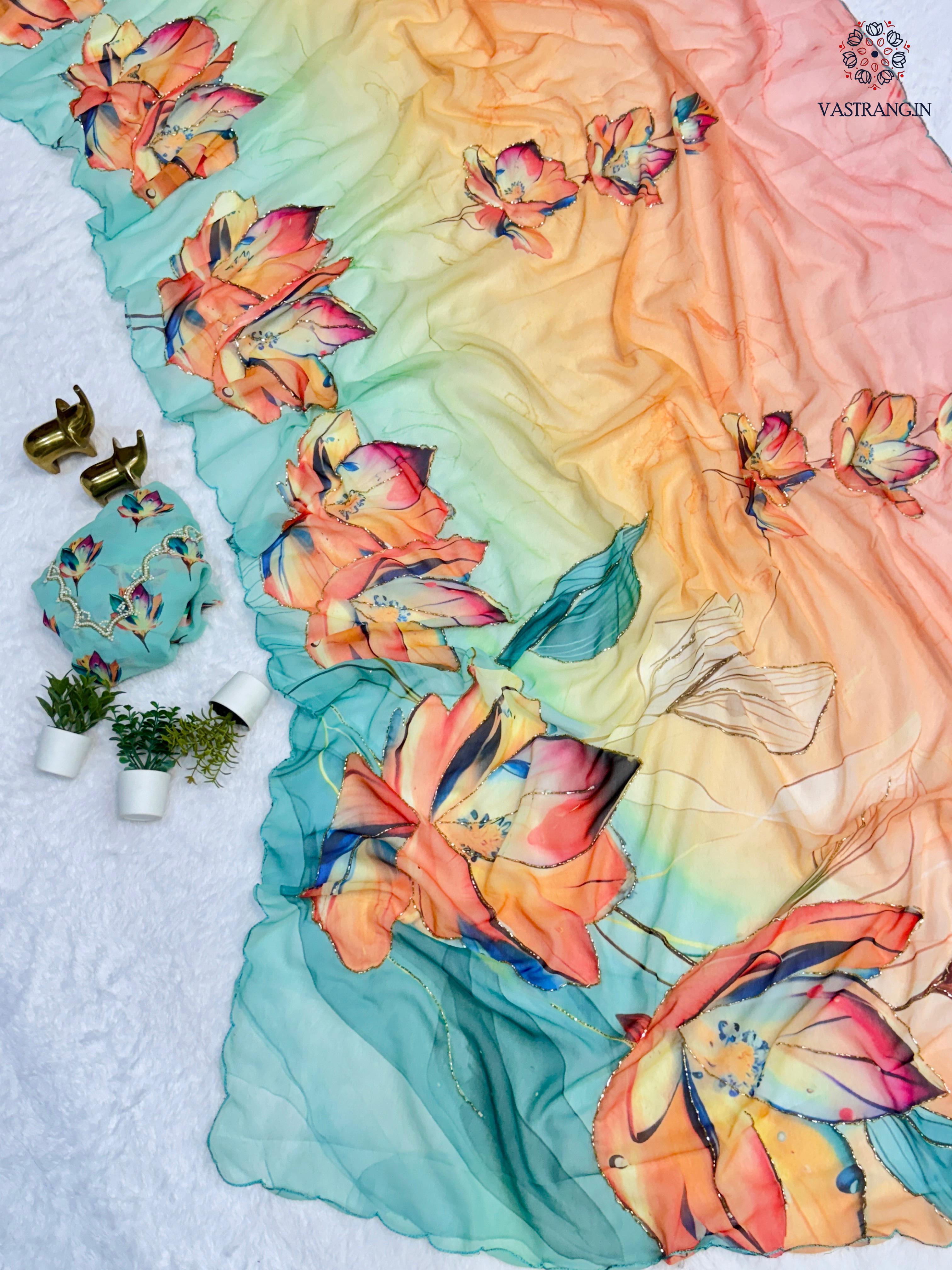 Latest Function Wear Multicolor Soft Chiffon Print Embroidery n Hand Work Fancy Designer Saree With Blouse