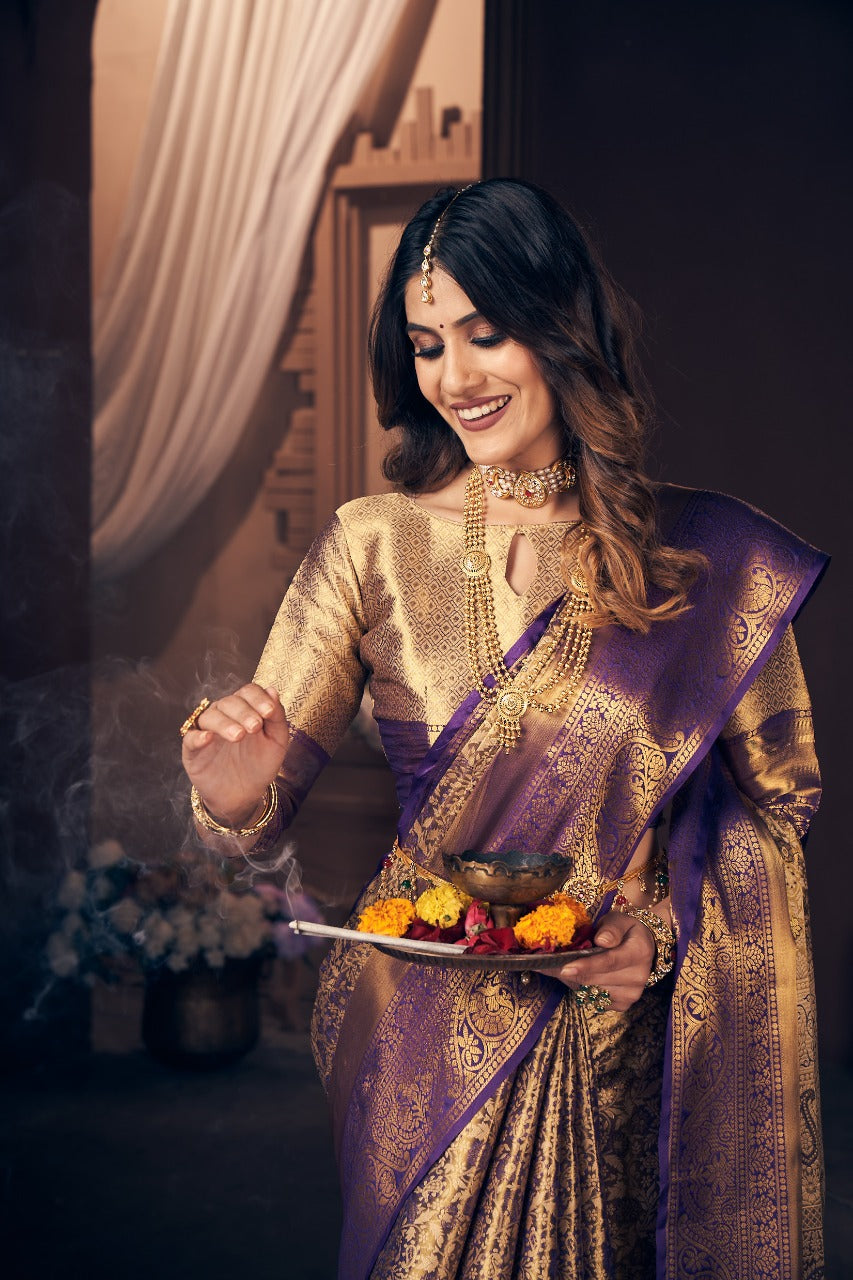 Wedding Wear Purple Color Kanjiviram Silk Pure Zari Weaving with Beautiful Meena Weaving Saree