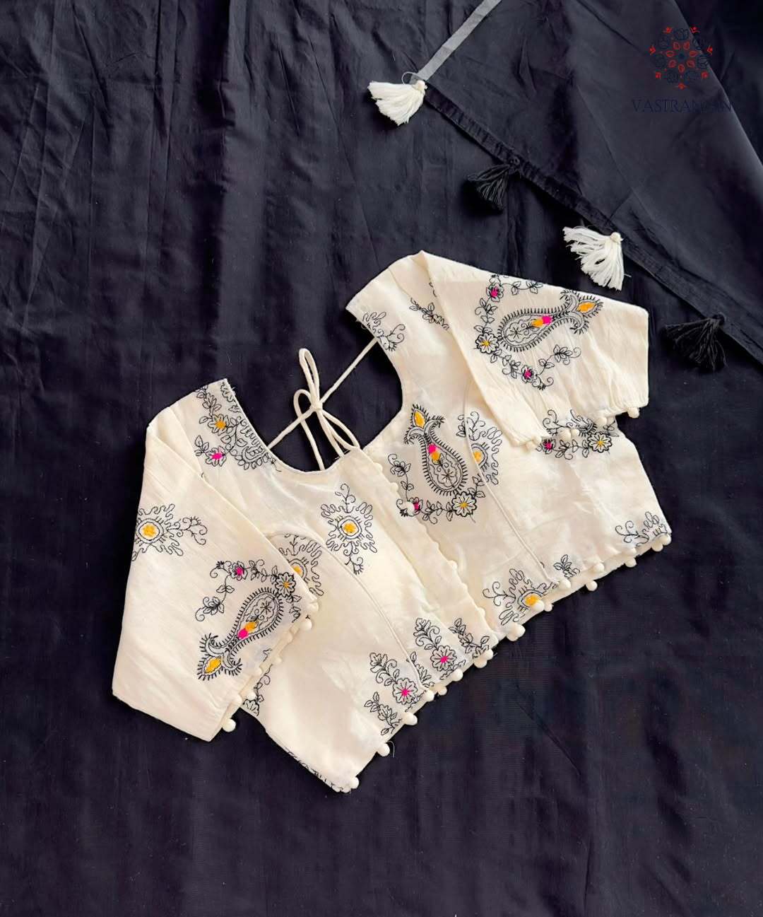 Attractive New Black Colour Chanderi Cotton Tussels Work Fancy Designer Wedding Wear Saree With Stitched Blouse