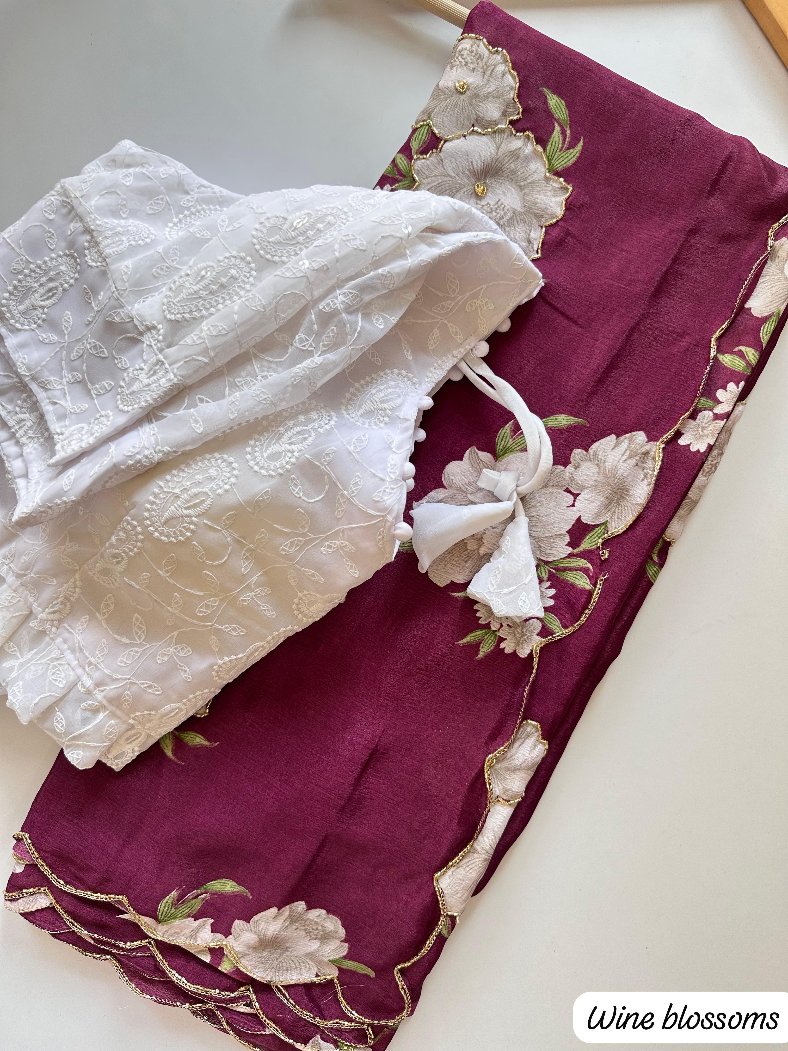 Heavy Pure Chinnon Fabric Flower Print with Handwork Fancy Designer Saree With Unstitched Blouse Piece