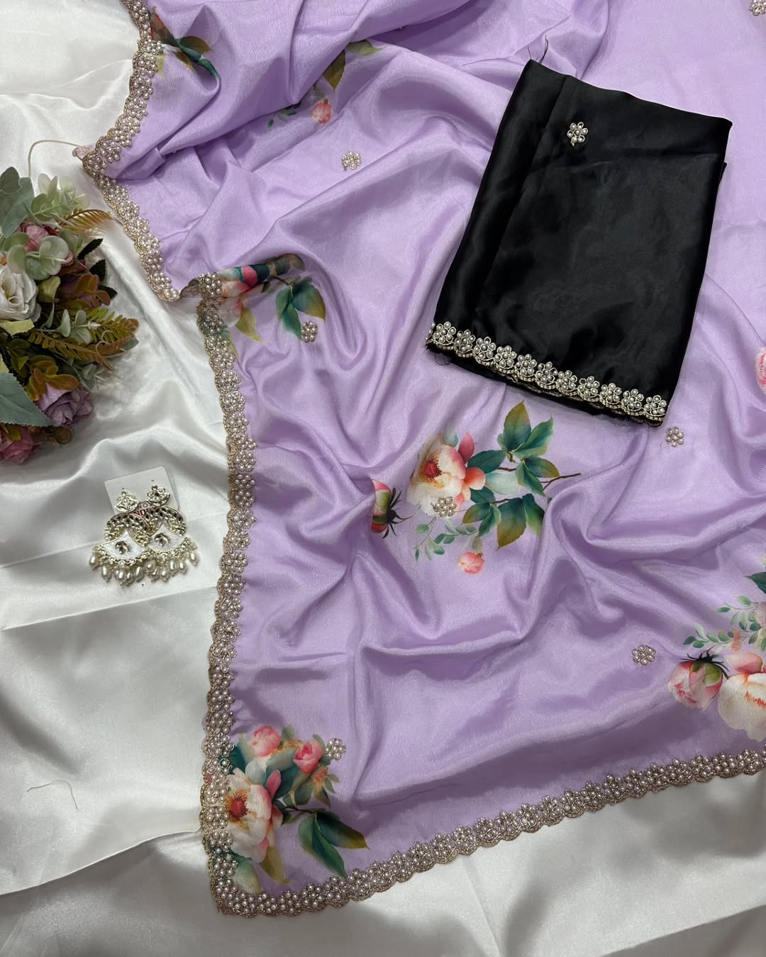 New Wedding Wear Pure Chinnon Silk Print Embroidery n Diamond Work Fancy Designer Saree