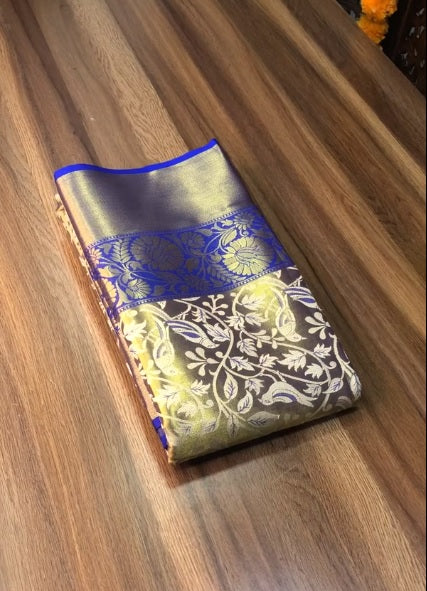 New Wedding Wear Blue Color Kanjiviram Silk Pure Zari Weaving with Beautiful Meena Weaving Saree