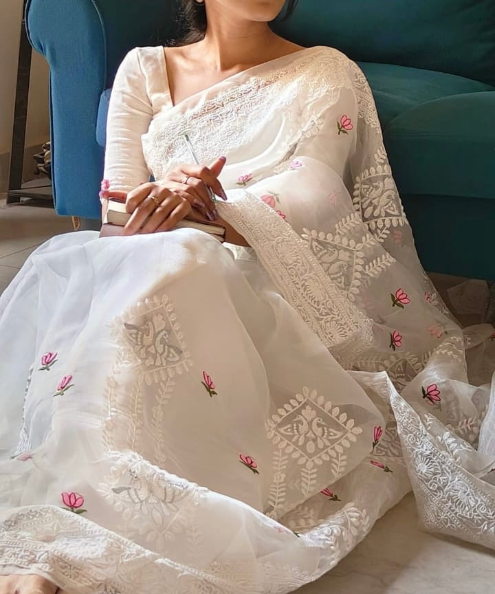 Partywear White Color Organza Silk Embroidery Lucknawi Work With Tassels Work Fancy Designer Saree