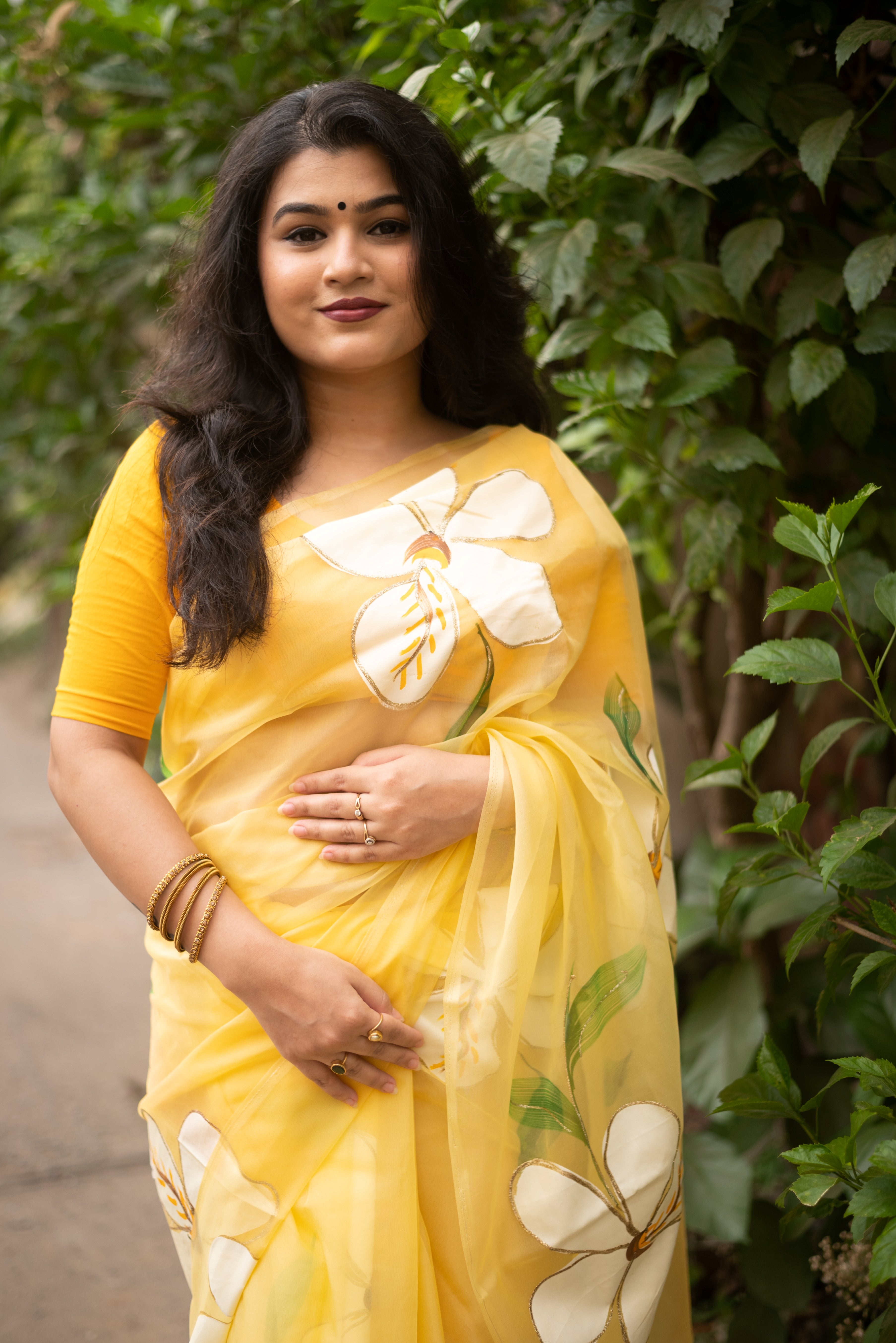 New Yellow Color Organza Silk Hand Painted Brush Print With Gold Foil Work Fancy Designer Saree With Blouse