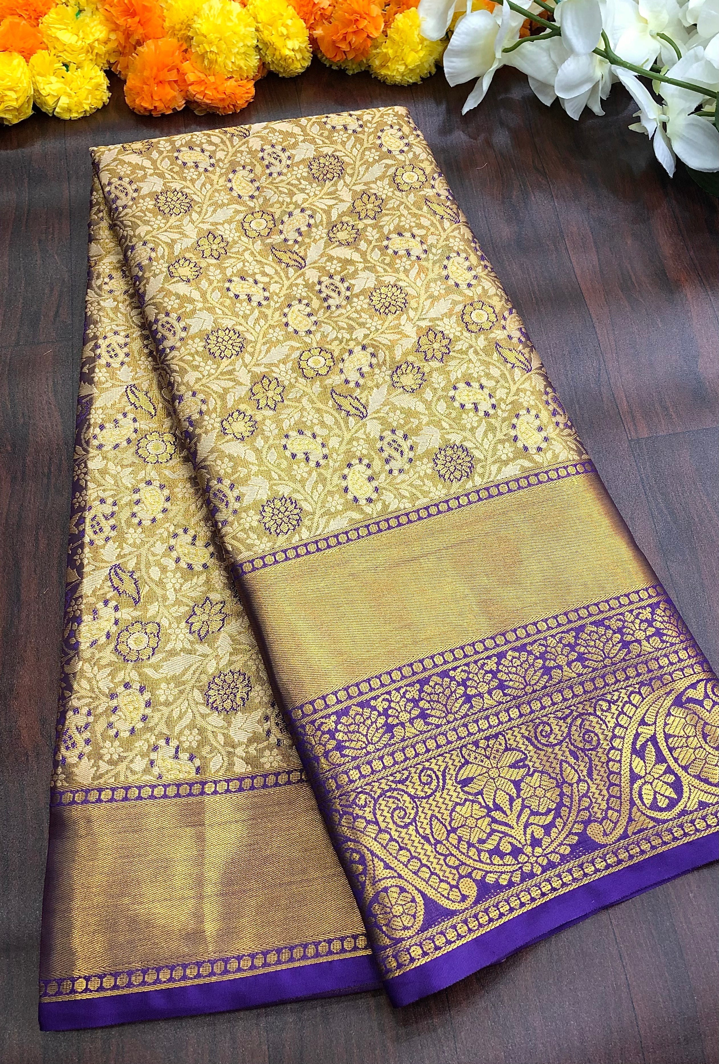 Wedding Wear Purple Color Kanjiviram Silk Pure Zari Weaving with Beautiful Meena Weaving Saree