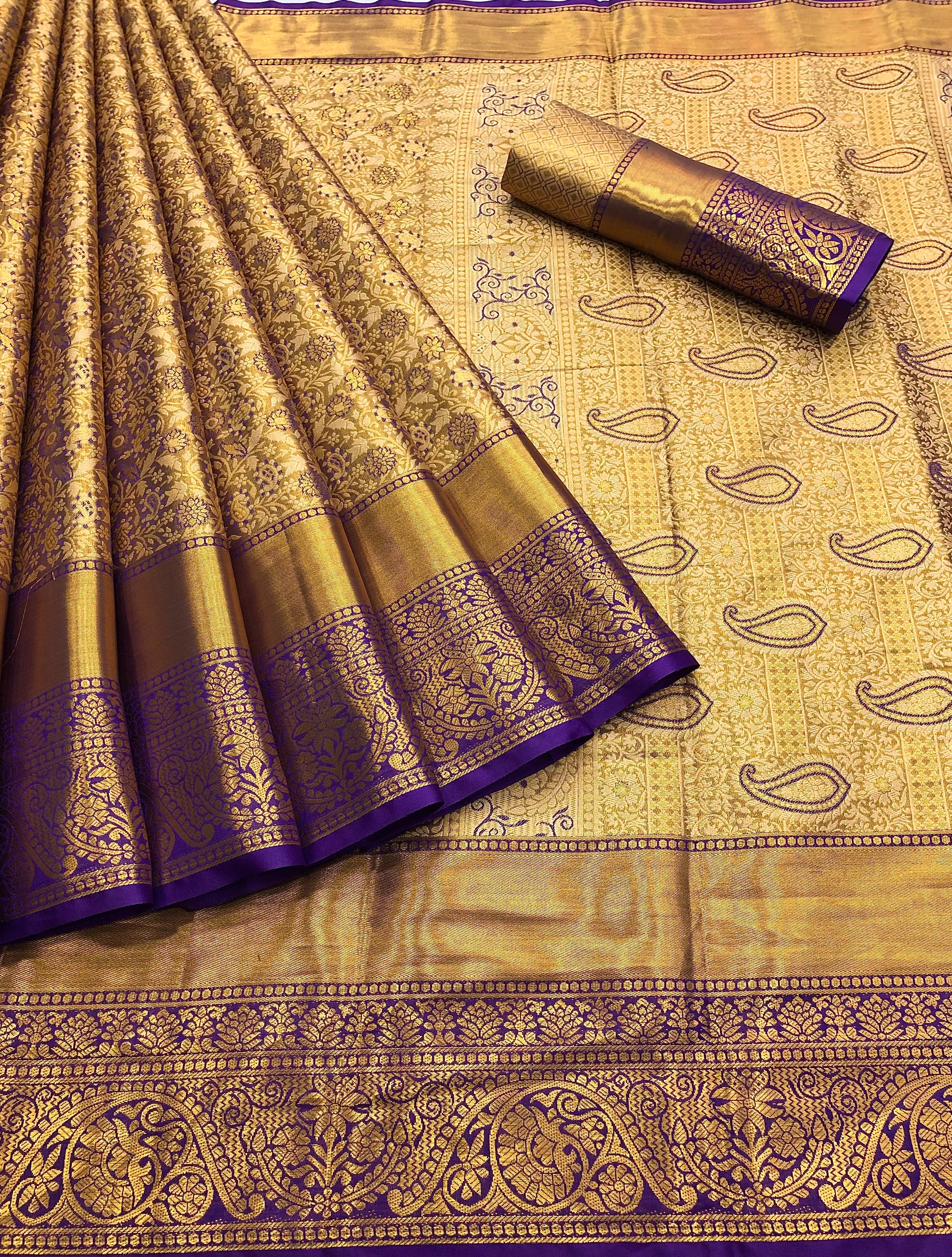 Wedding Wear Purple Color Kanjiviram Silk Pure Zari Weaving with Beautiful Meena Weaving Saree