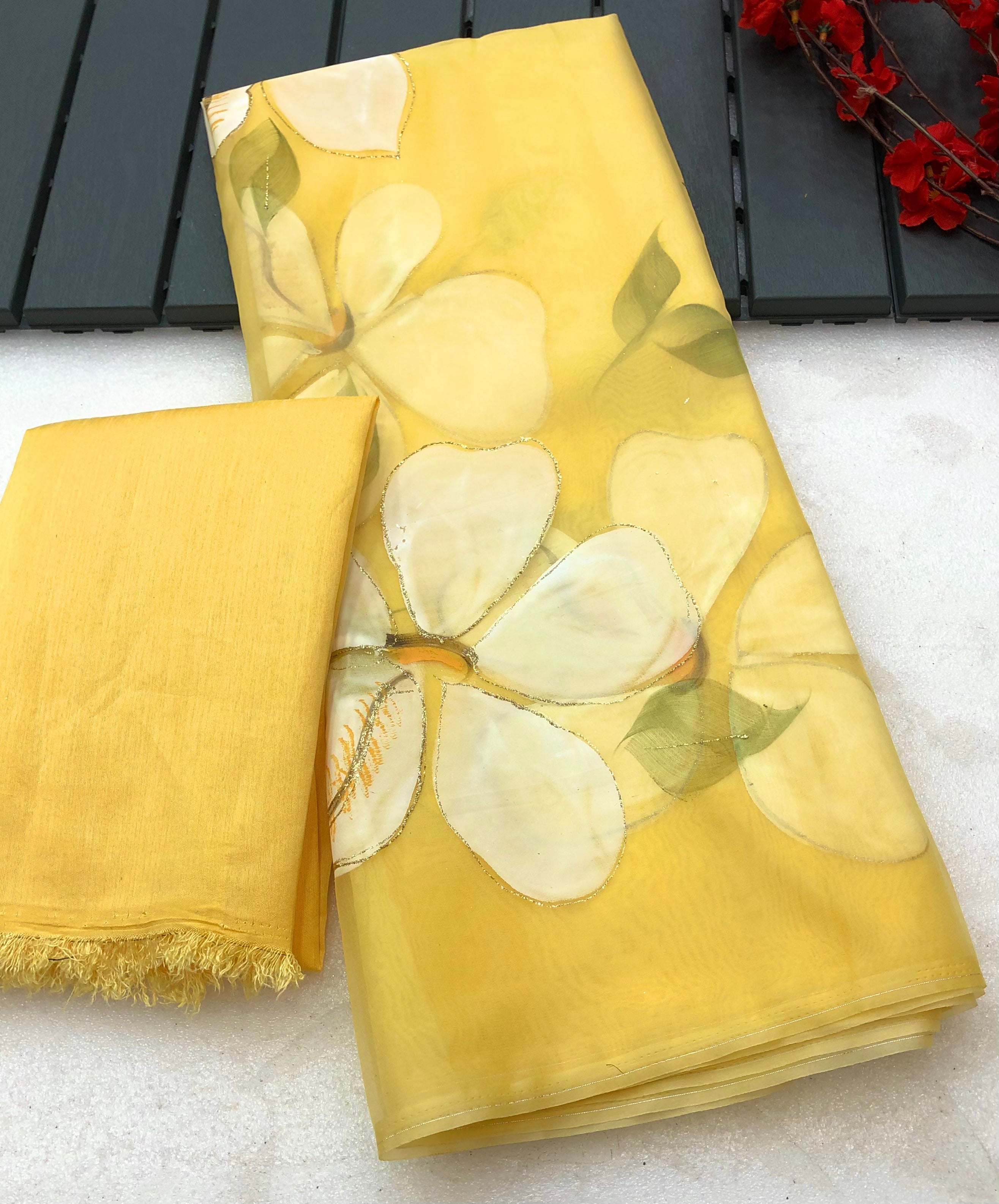 New Yellow Color Organza Silk Hand Painted Brush Print With Gold Foil Work Fancy Designer Saree With Blouse