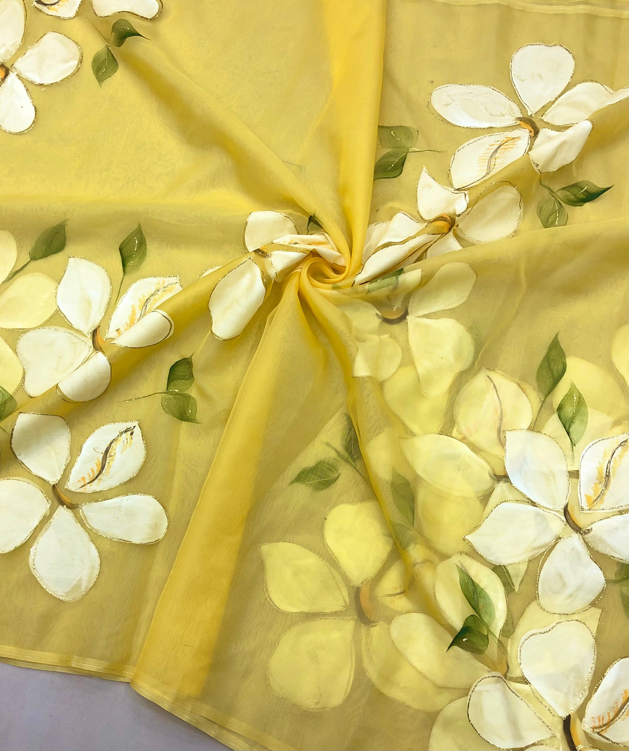 New Yellow Color Organza Silk Hand Painted Brush Print With Gold Foil Work Fancy Designer Saree With Blouse