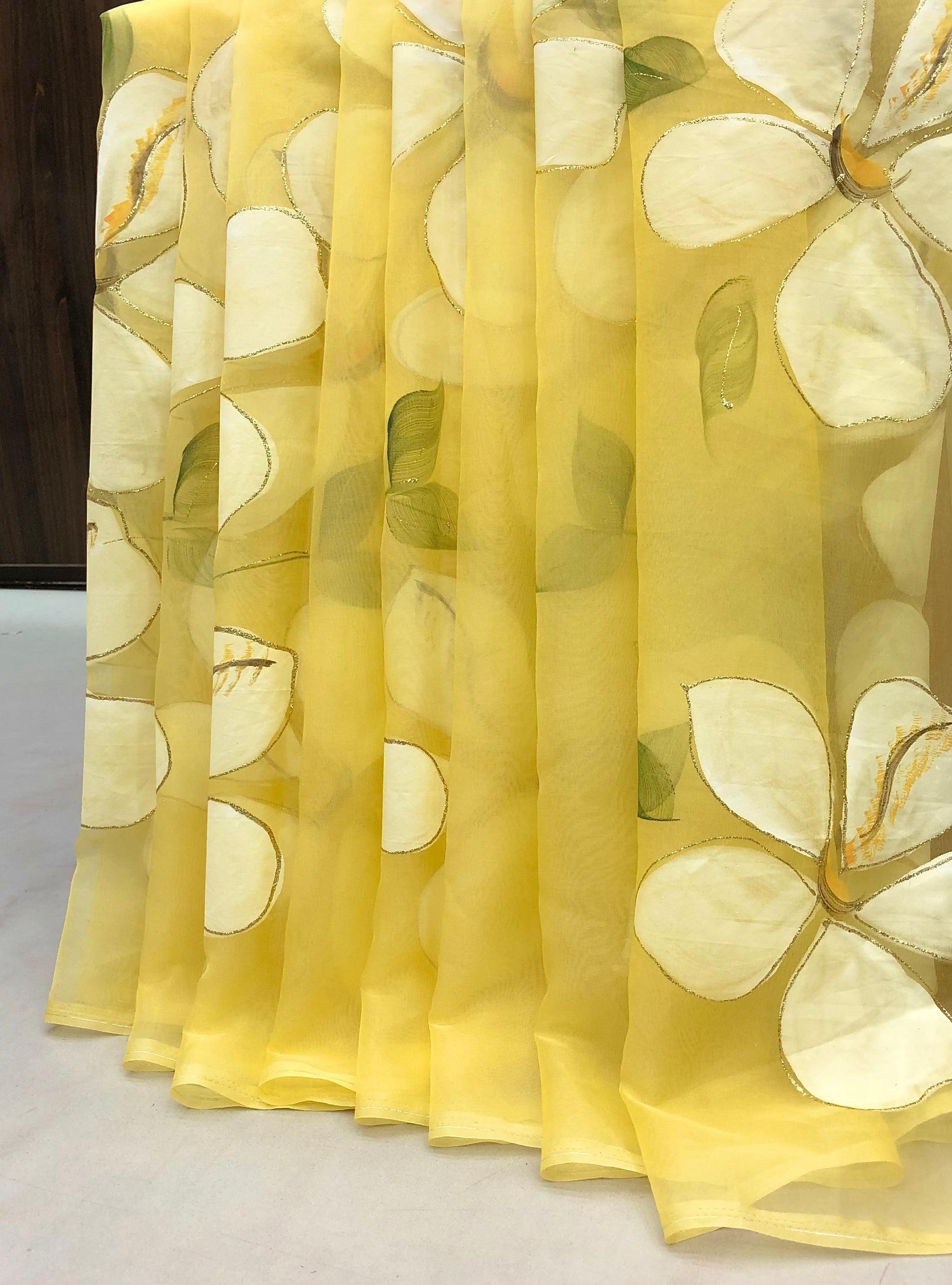 New Yellow Color Organza Silk Hand Painted Brush Print With Gold Foil Work Fancy Designer Saree With Blouse