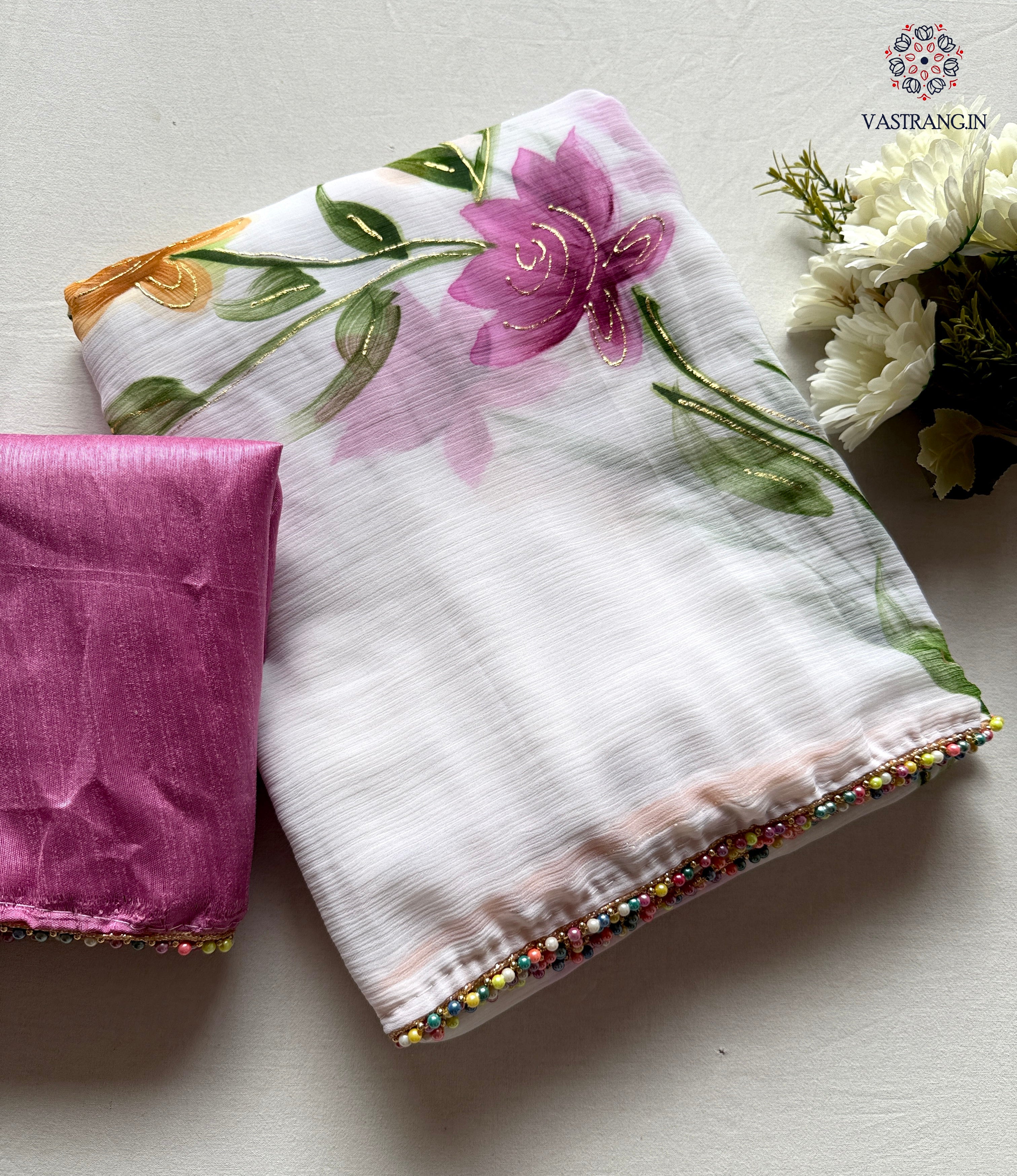 Florescences White Color Chiffon Floral Handbrush Print With Foil n Moti Lace Work Fancy Designer Saree