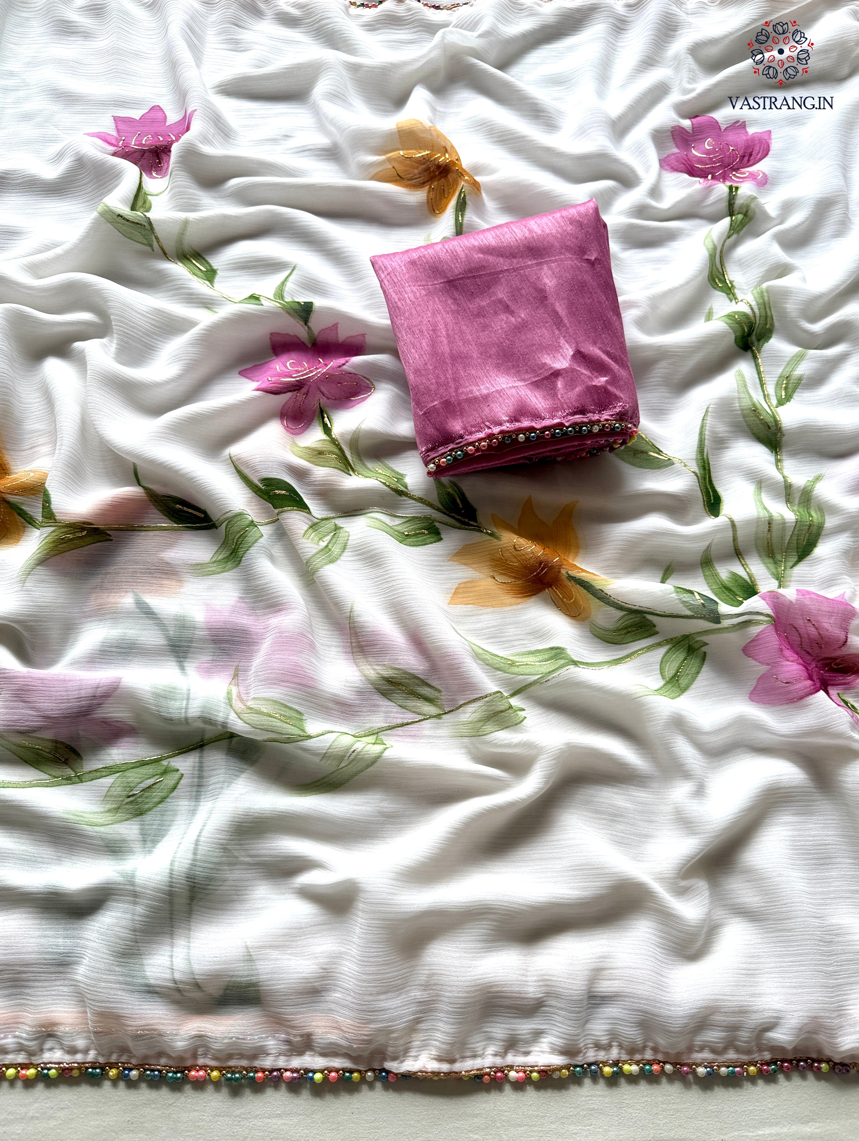 Florescences White Color Chiffon Floral Handbrush Print With Foil n Moti Lace Work Fancy Designer Saree