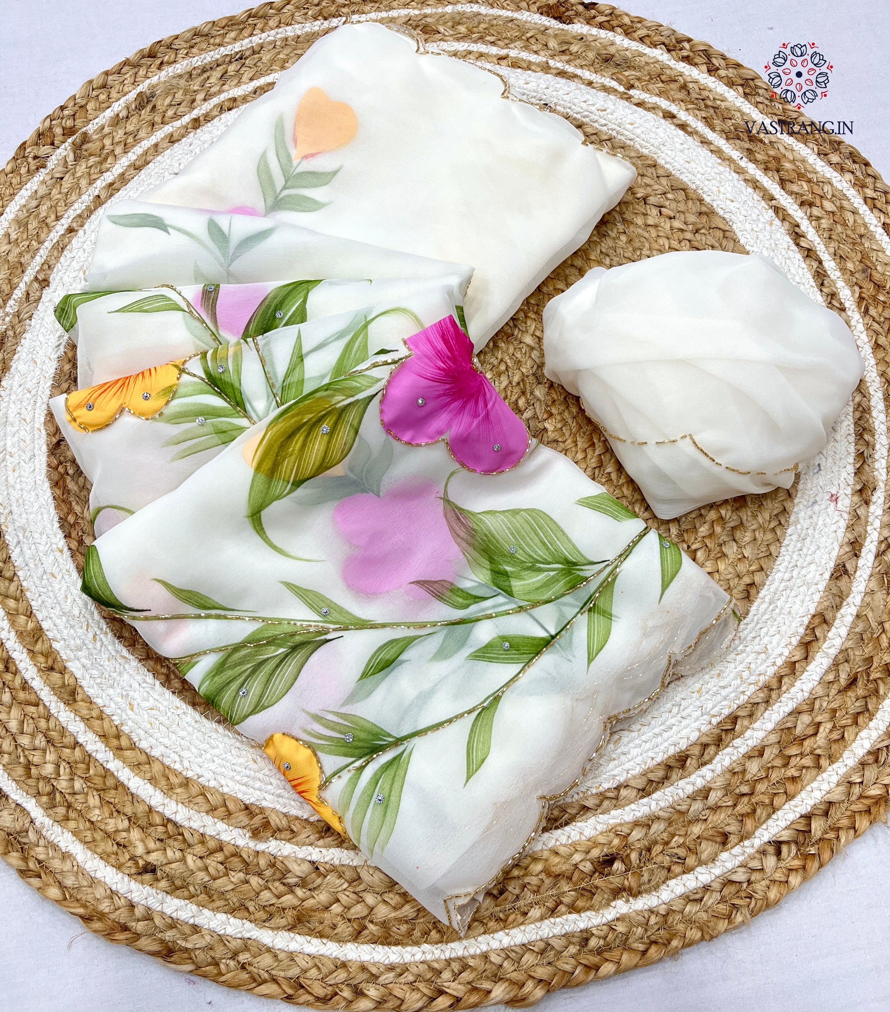 New Wedding Wear White Color Georgette Handbrush Print n Handwork Fancy Designer Saree With Blouse