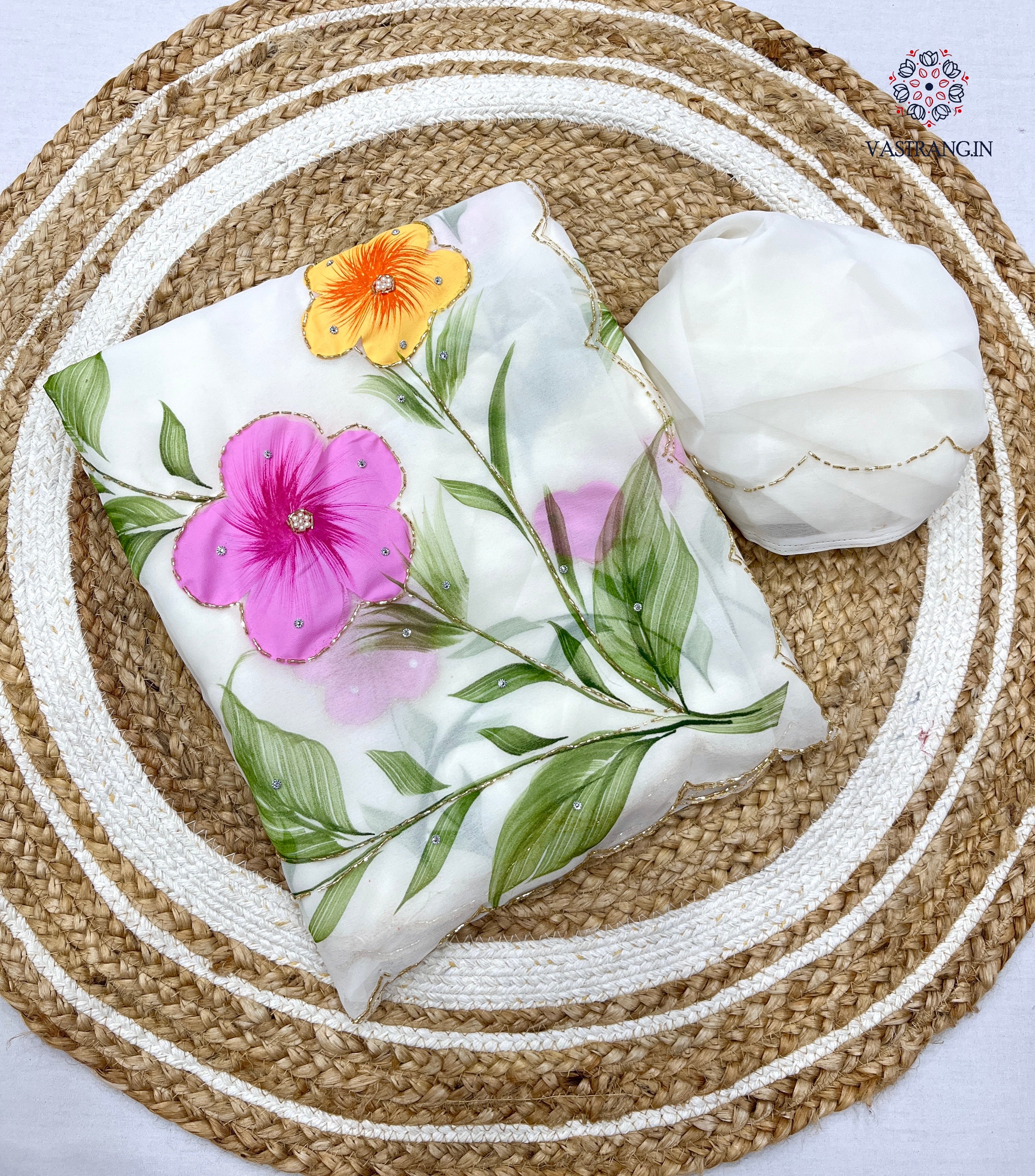 New Wedding Wear White Color Georgette Handbrush Print n Handwork Fancy Designer Saree With Blouse