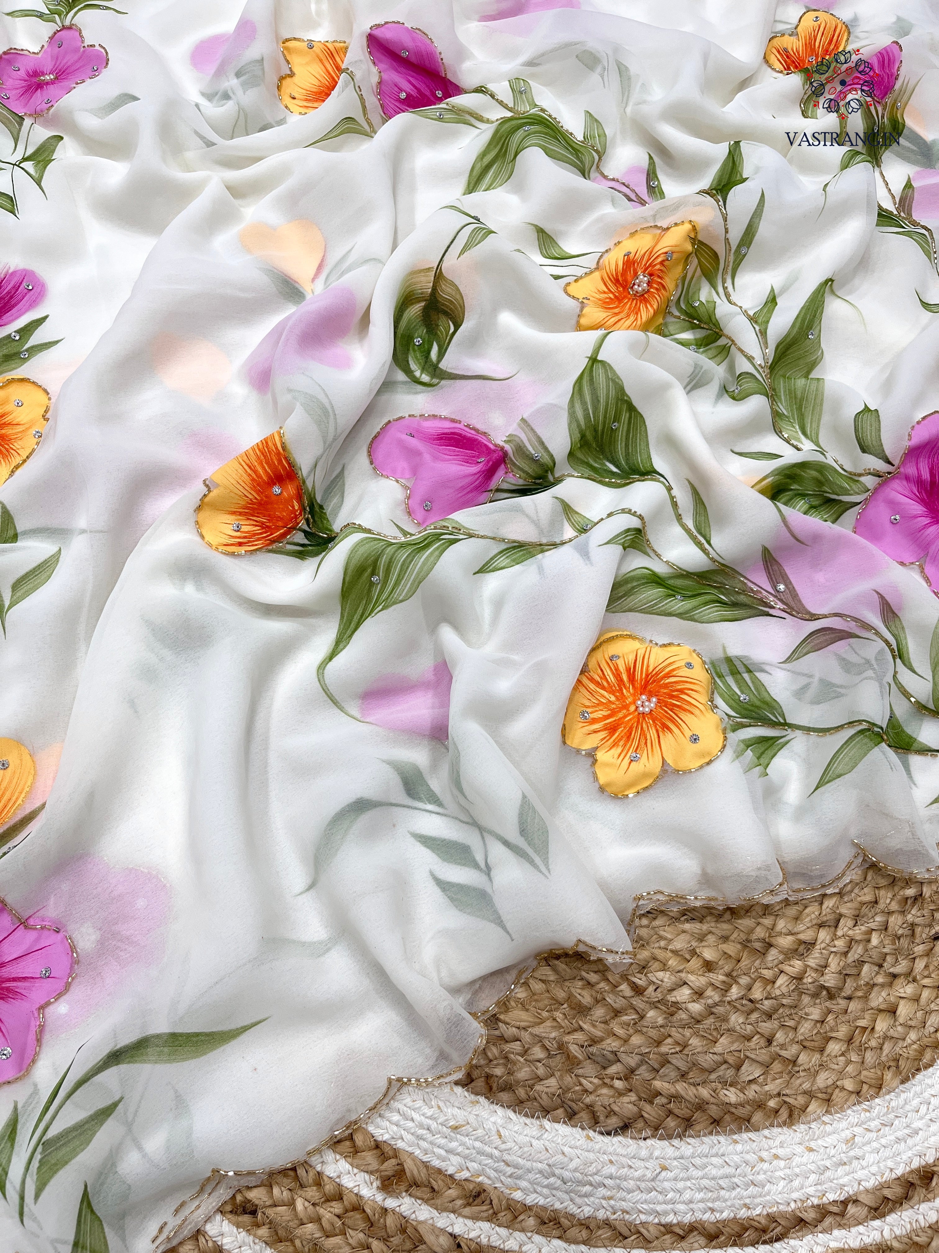 New Wedding Wear White Color Georgette Handbrush Print n Handwork Fancy Designer Saree With Blouse