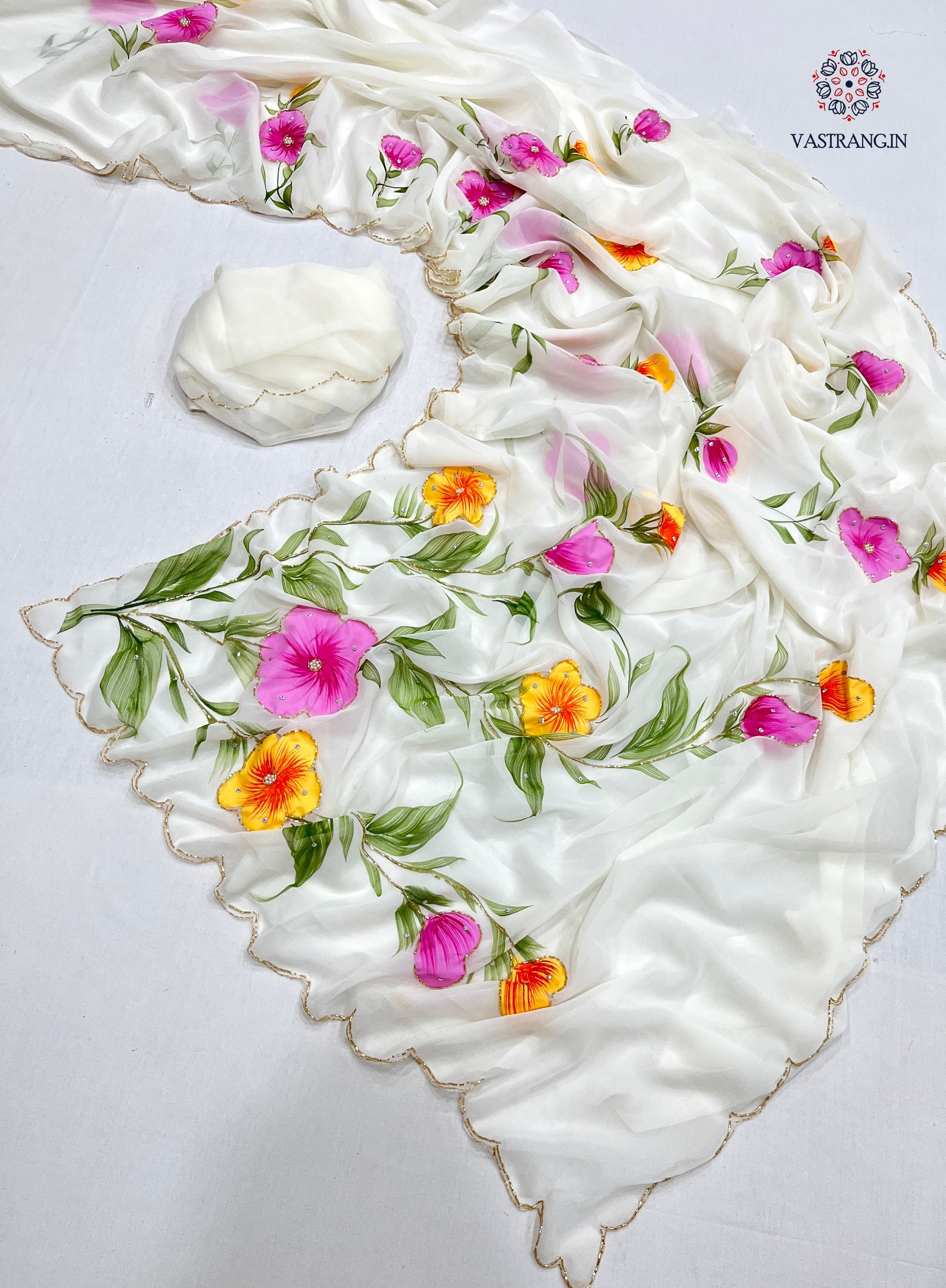 New Wedding Wear White Color Georgette Handbrush Print n Handwork Fancy Designer Saree With Blouse