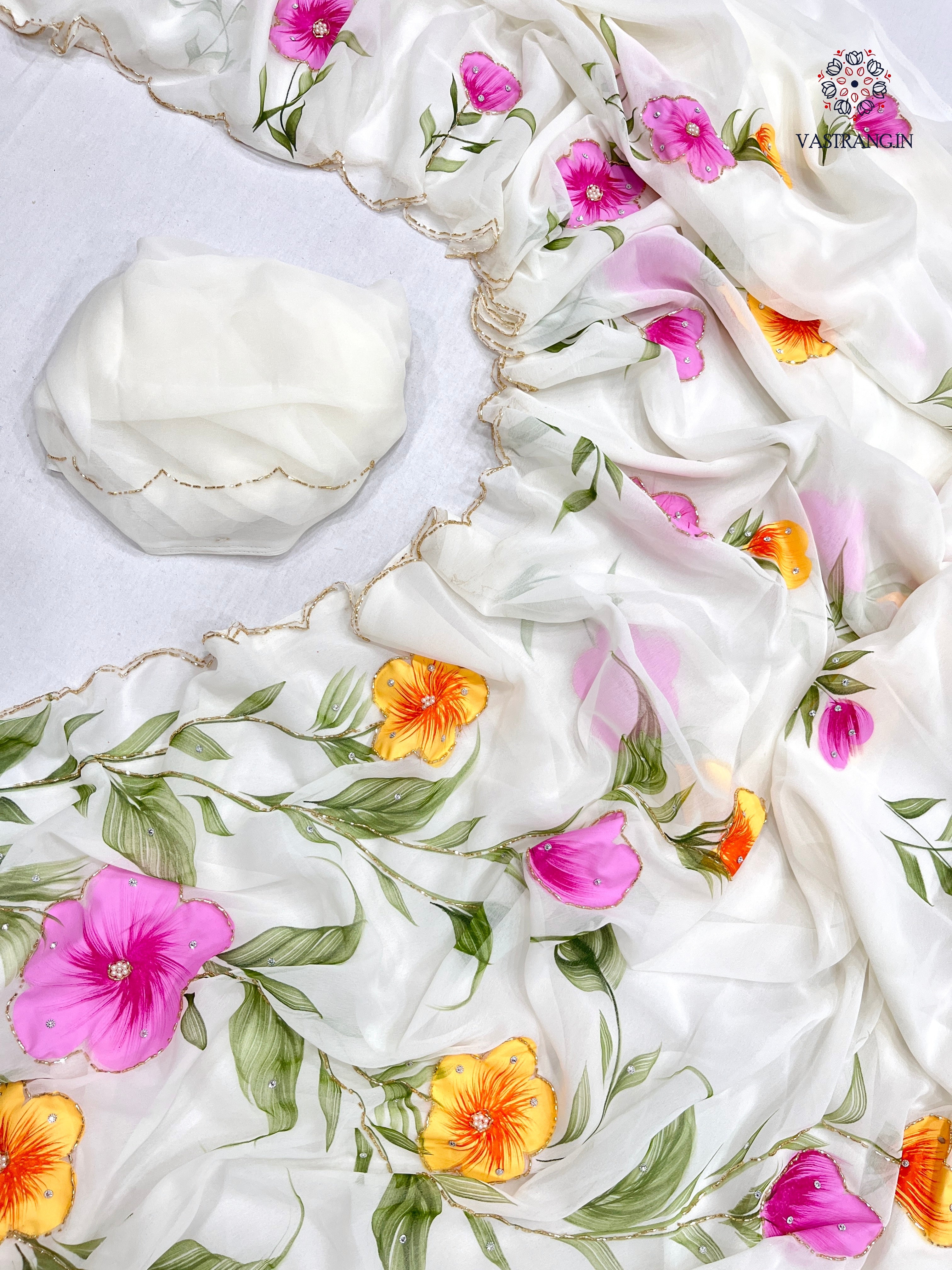 New Wedding Wear White Color Georgette Handbrush Print n Handwork Fancy Designer Saree With Blouse