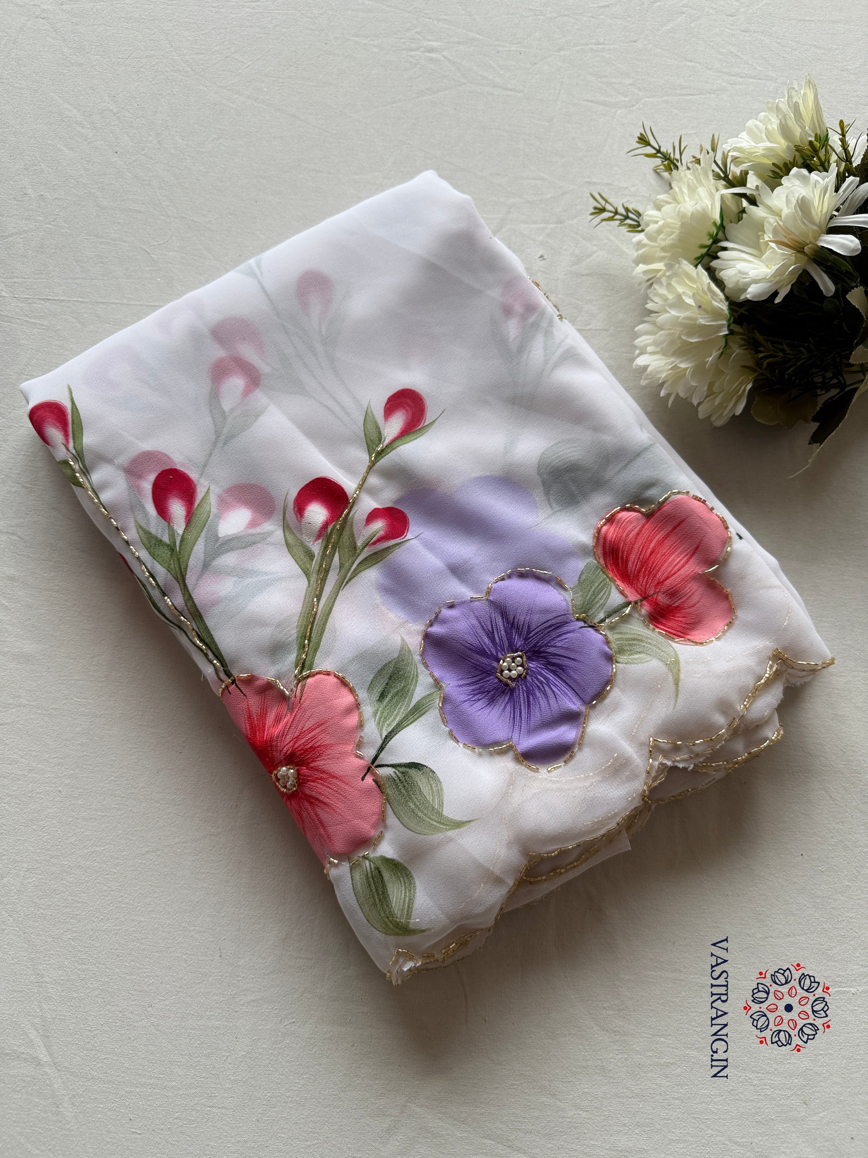 Attractive New White Colour Soft Pure Georgette Handbrush Flower n Handwork Fancy Designer Saree With Blouse