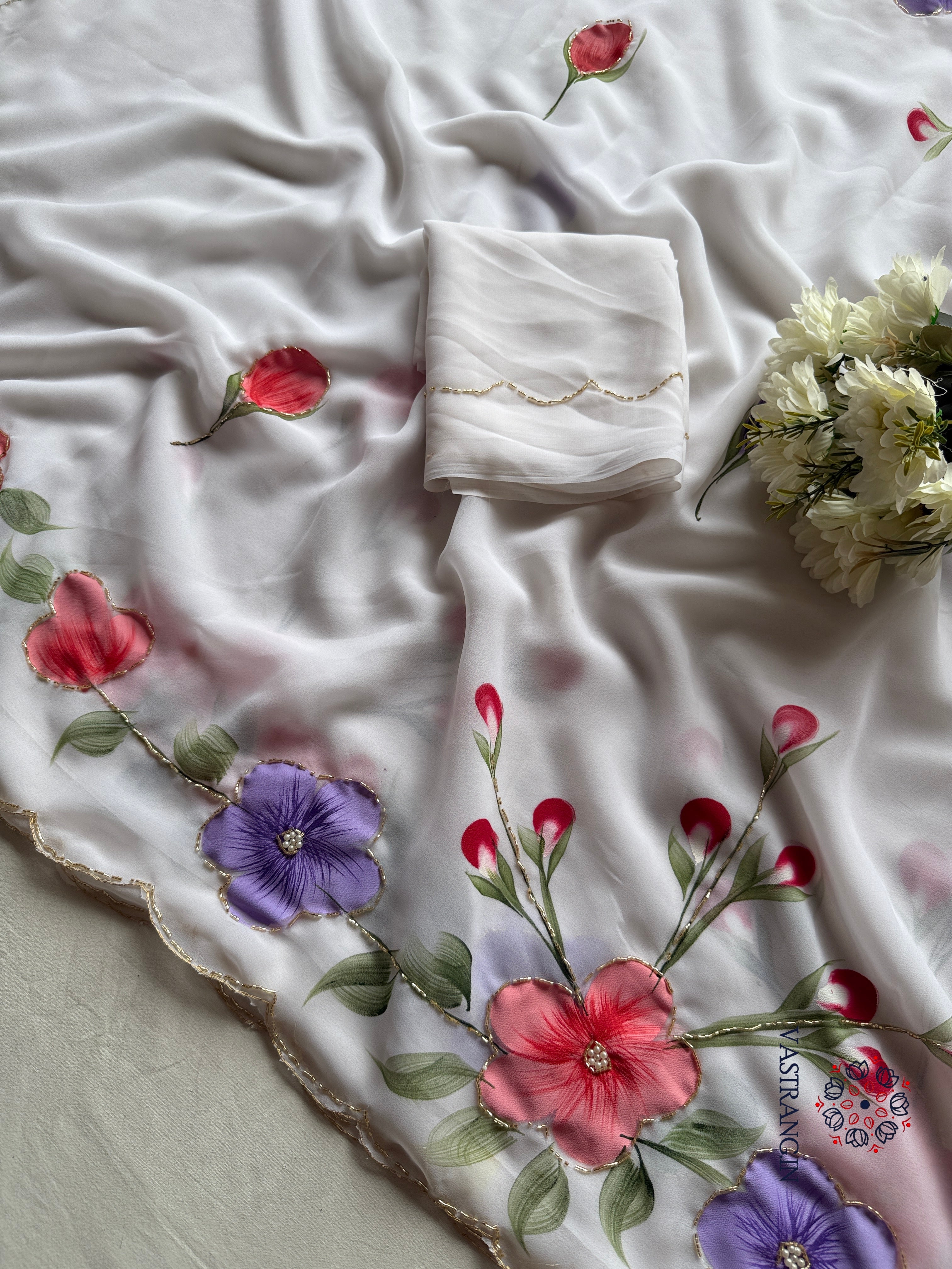 Attractive New White Colour Soft Pure Georgette Handbrush Flower n Handwork Fancy Designer Saree With Blouse