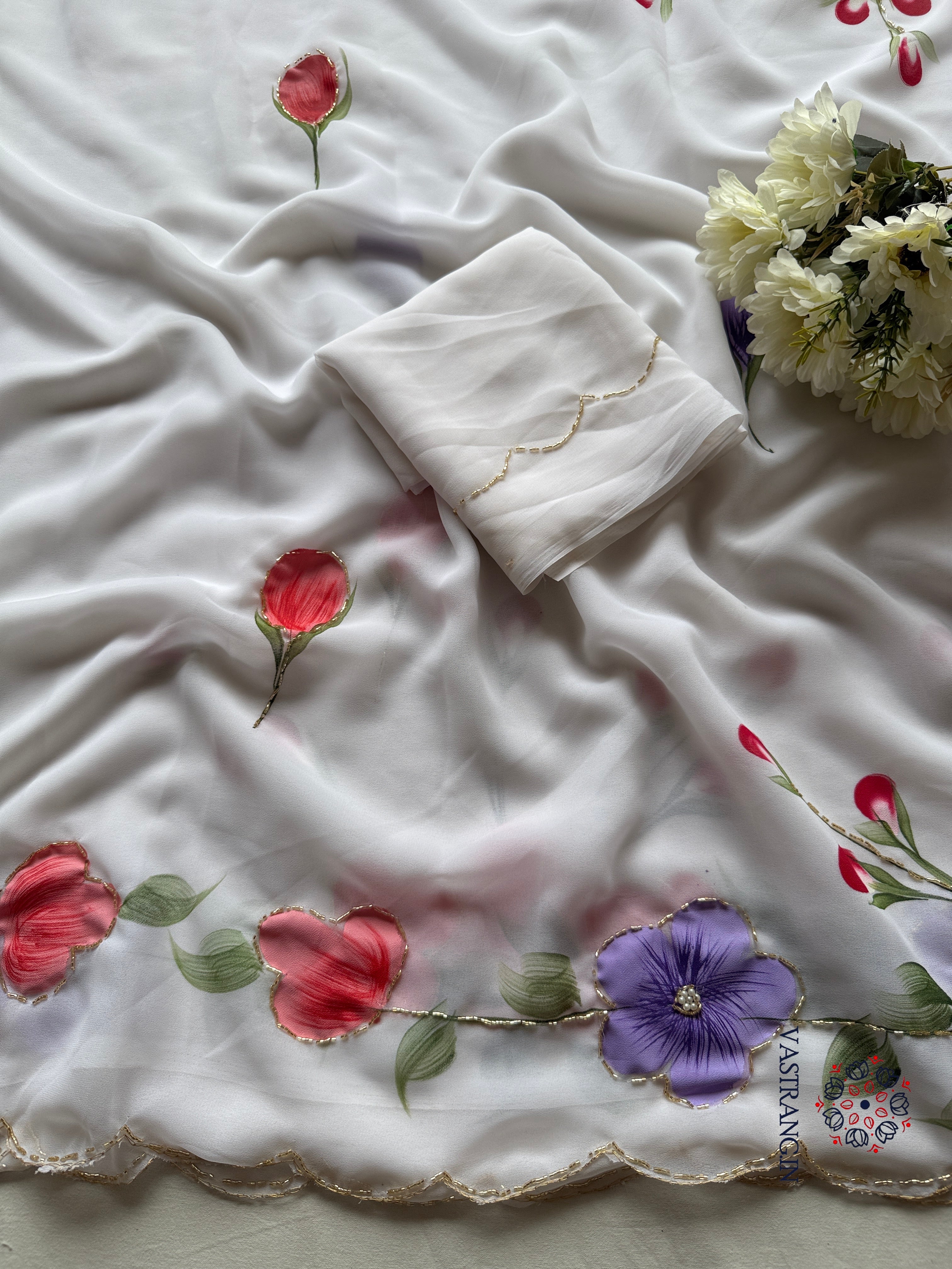 Attractive New White Colour Soft Pure Georgette Handbrush Flower n Handwork Fancy Designer Saree With Blouse