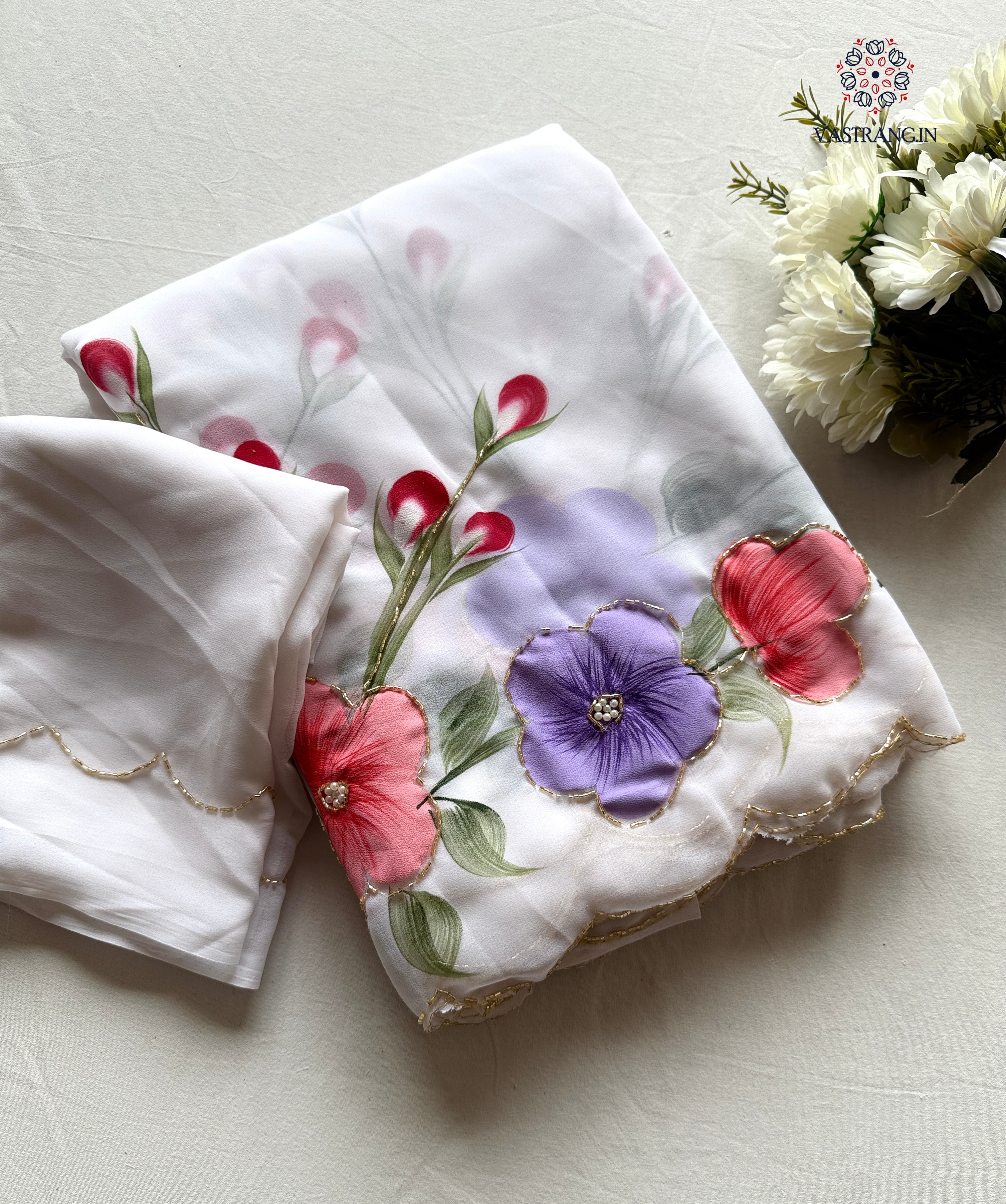 Attractive New White Colour Soft Pure Georgette Handbrush Flower n Handwork Fancy Designer Saree With Blouse