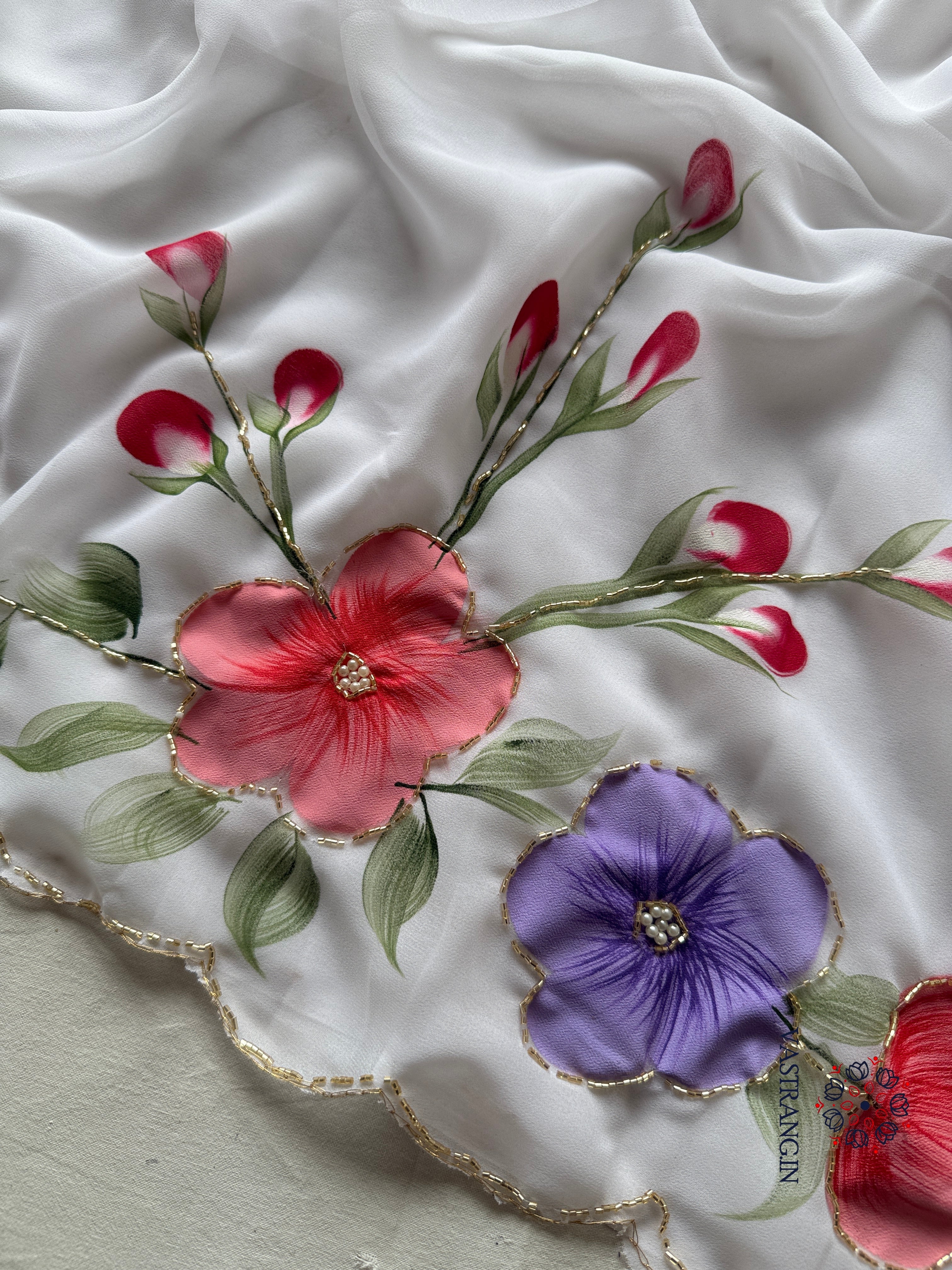 Attractive New White Colour Soft Pure Georgette Handbrush Flower n Handwork Fancy Designer Saree With Blouse