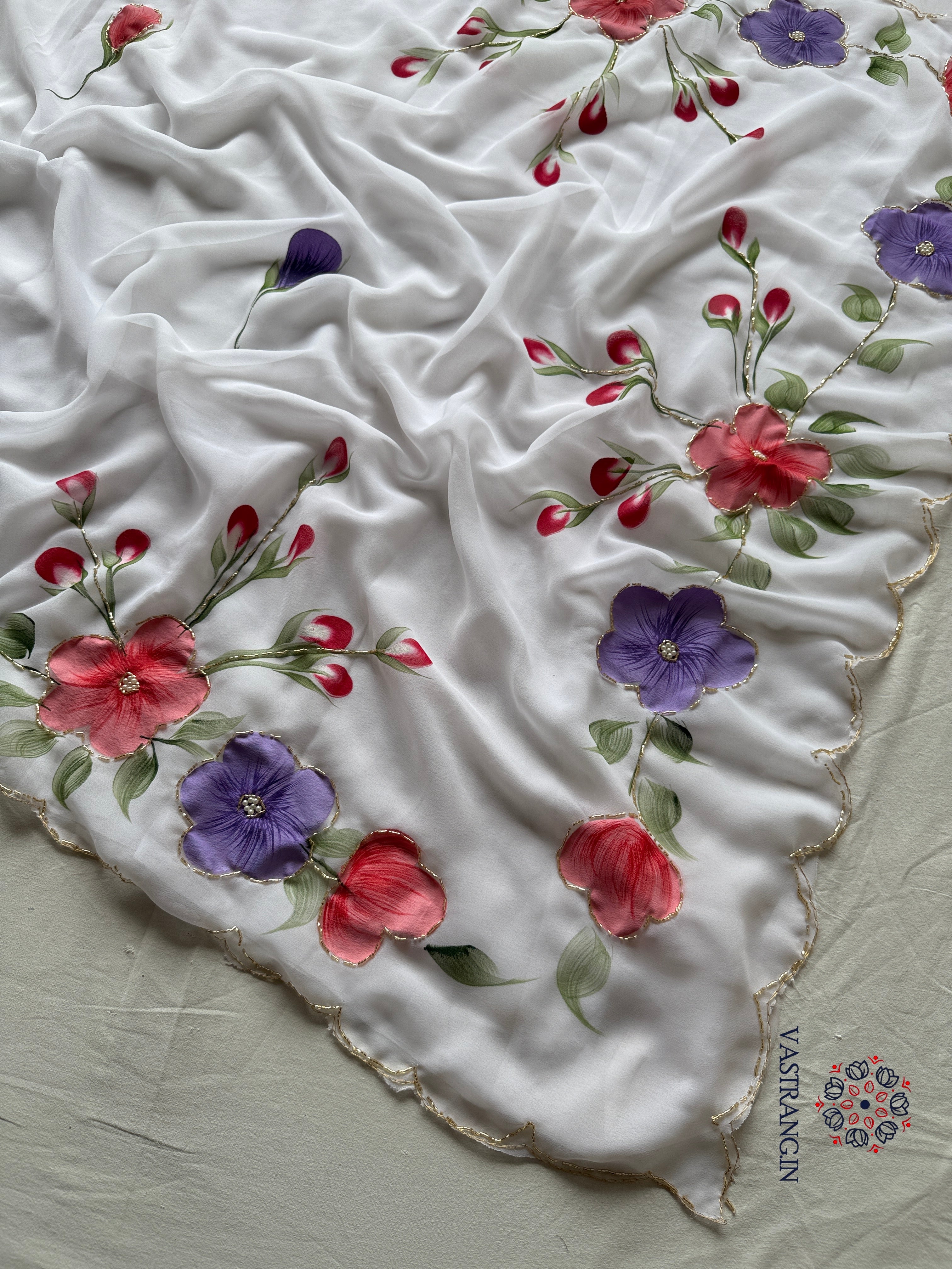 Attractive New White Colour Soft Pure Georgette Handbrush Flower n Handwork Fancy Designer Saree With Blouse