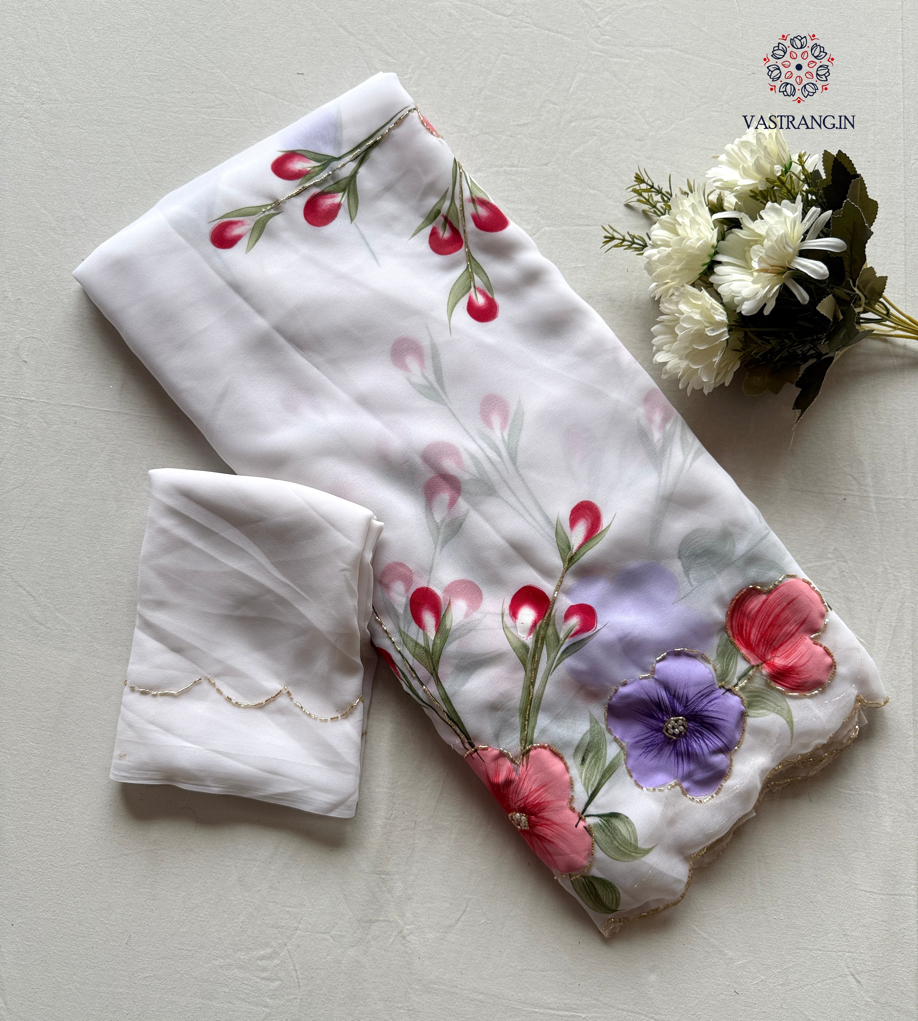 Attractive New White Colour Soft Pure Georgette Handbrush Flower n Handwork Fancy Designer Saree With Blouse