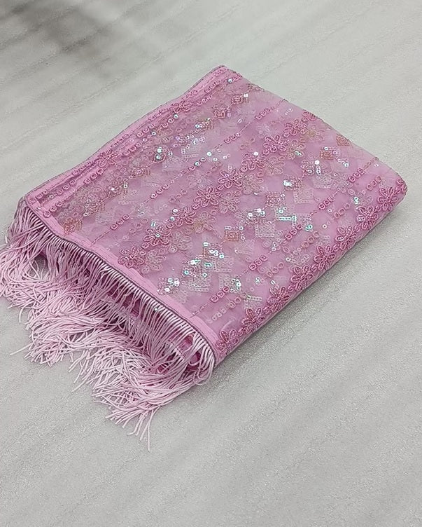 Partywear Pink Color Soft Net Sequence Work Fancy Designer Saree With Embroidered Blouse