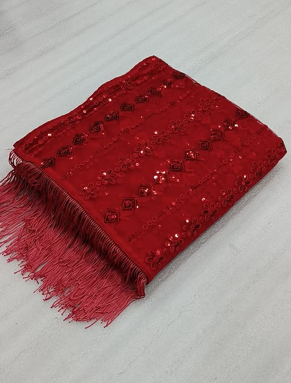 Partywear Red Color Soft Net Sequence Work Fancy Designer Saree With Embroidered Blouse