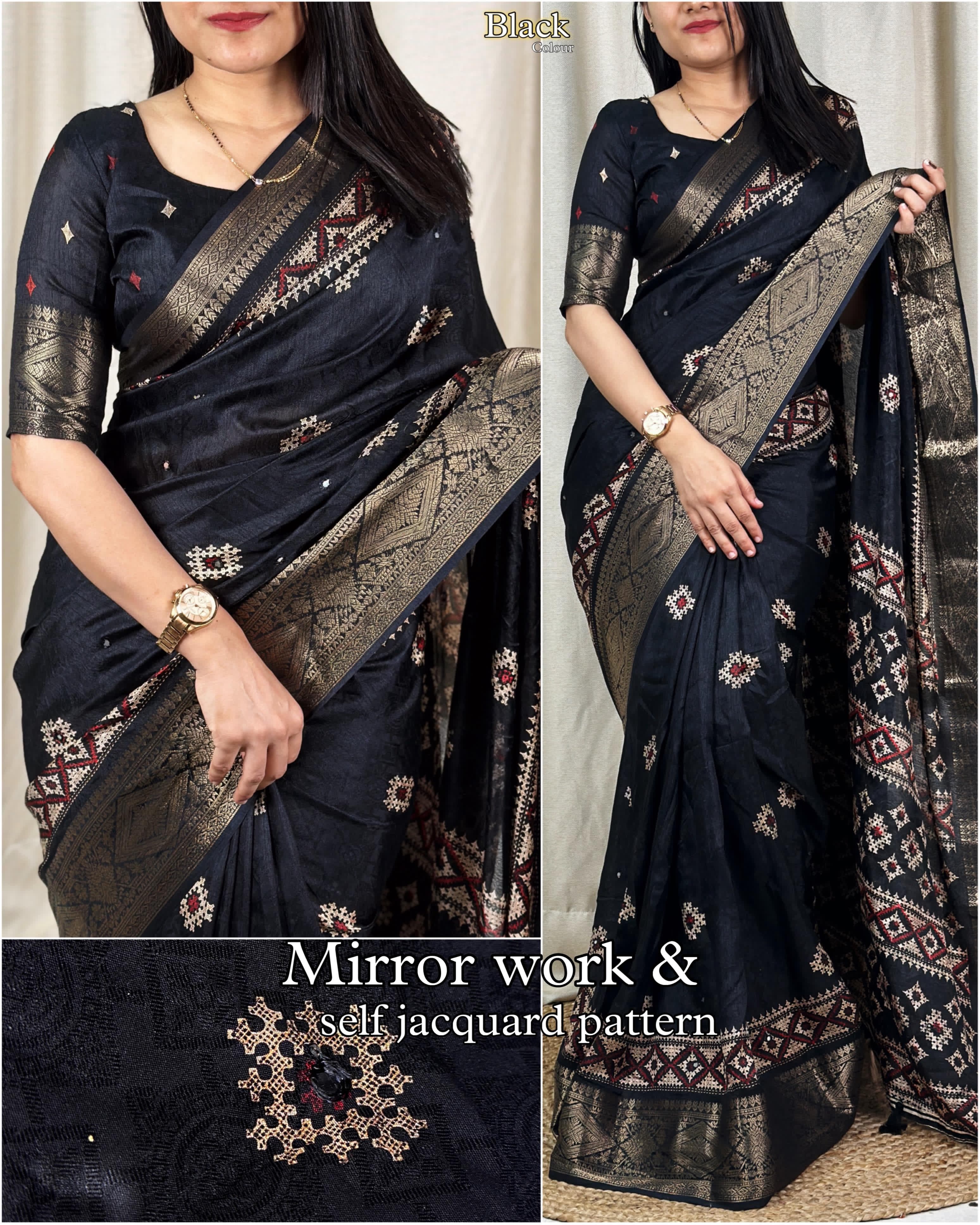 Wedding wear Muslin Cotton Jacquard With Mirror n Tussles Work Fancy Designer Saree