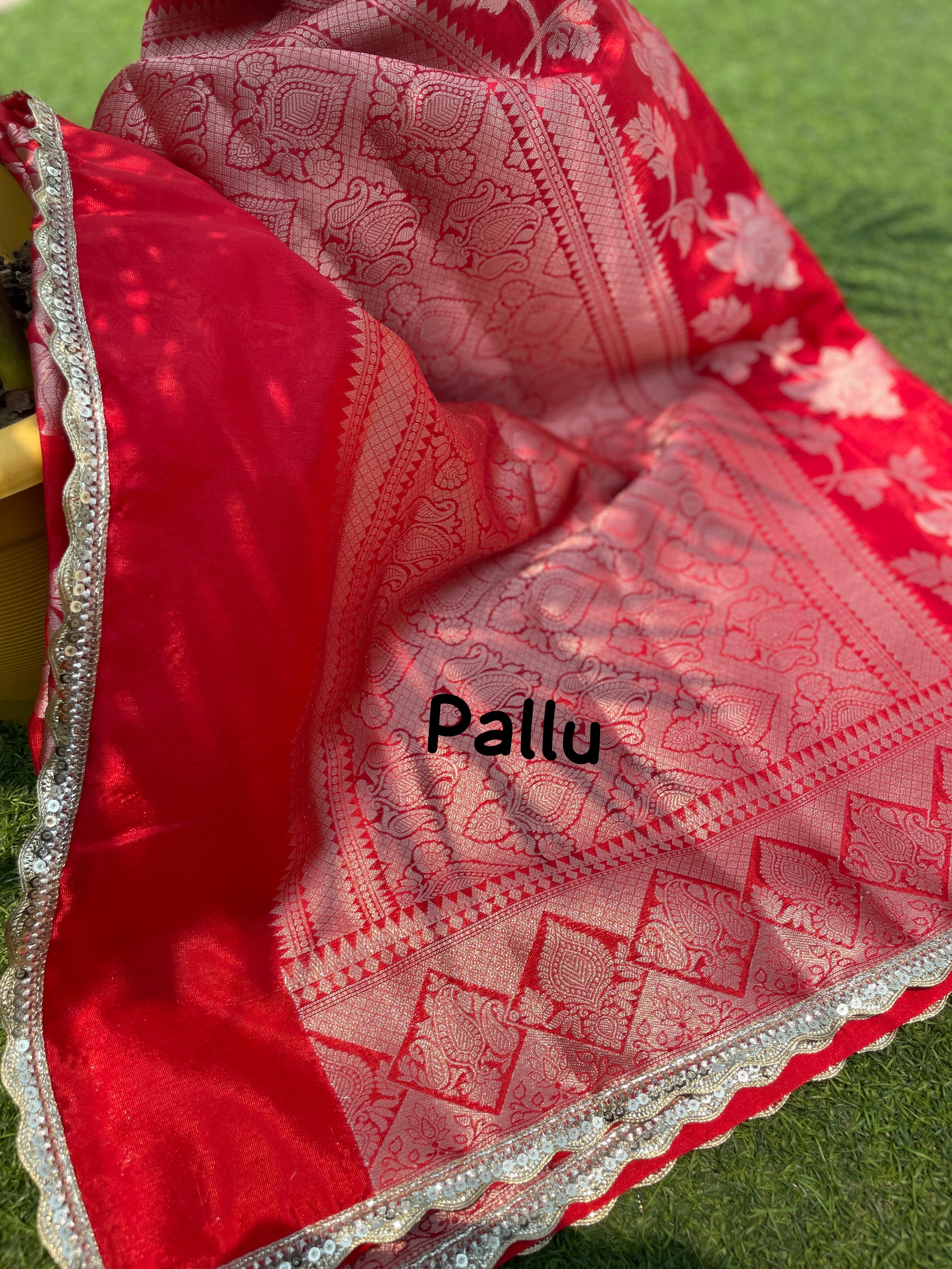 New Wedding Wear Red Color Soft Banarasi Silk Jacquared Zari Weaving With Lace Border Work Fancy Designer Saree