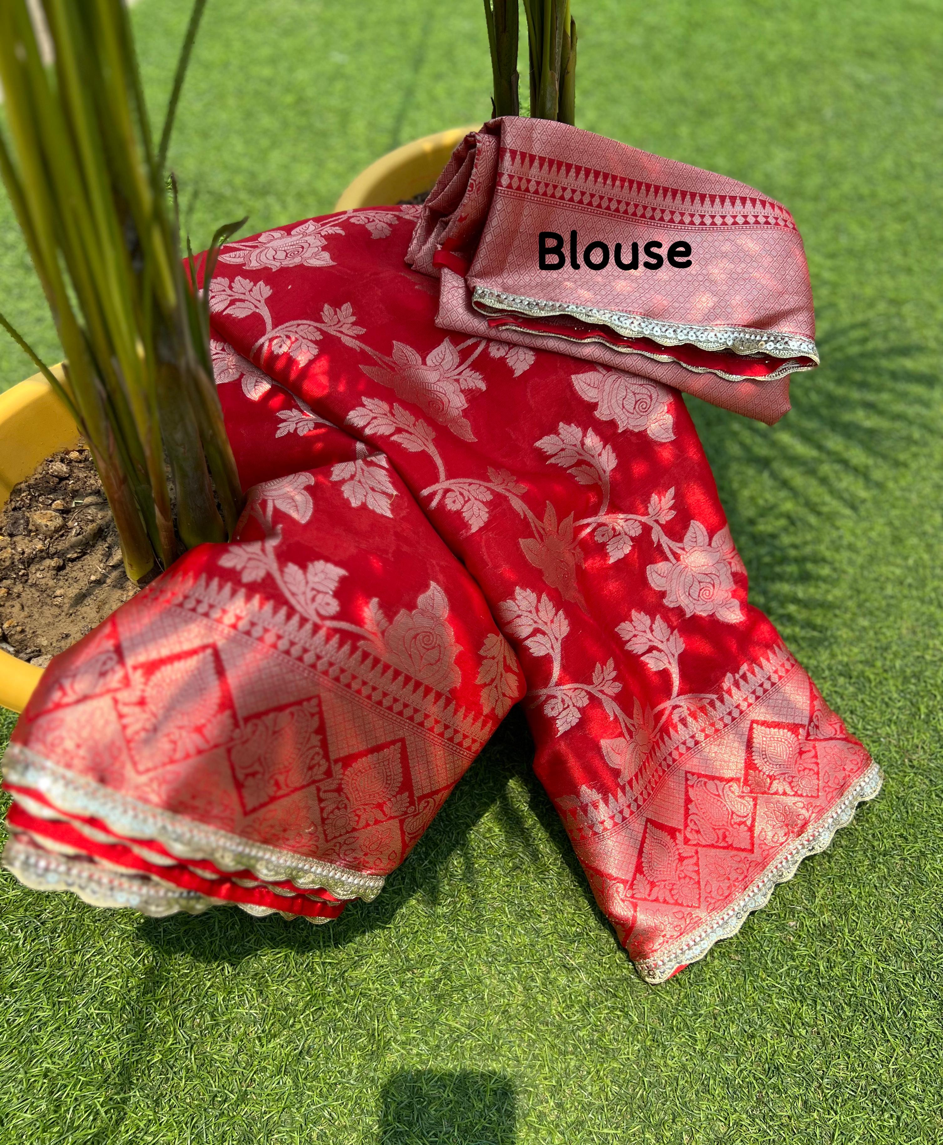 New Wedding Wear Red Color Soft Banarasi Silk Jacquared Zari Weaving With Lace Border Work Fancy Designer Saree