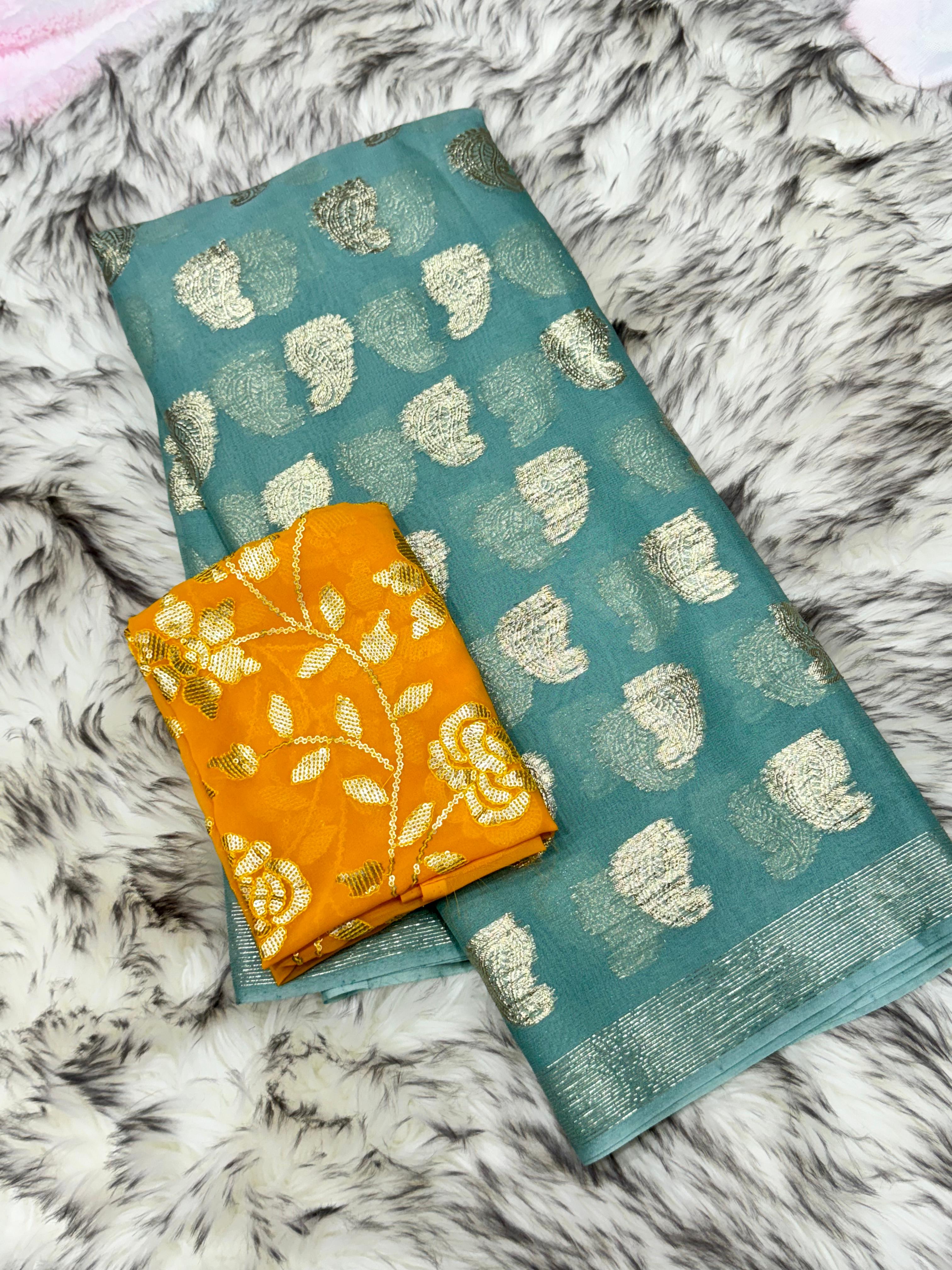 New Wedding Wear Sea Green Color Viscose Georgette Jacquard Zari Work Fancy Designer Saree With Sequence Blouse