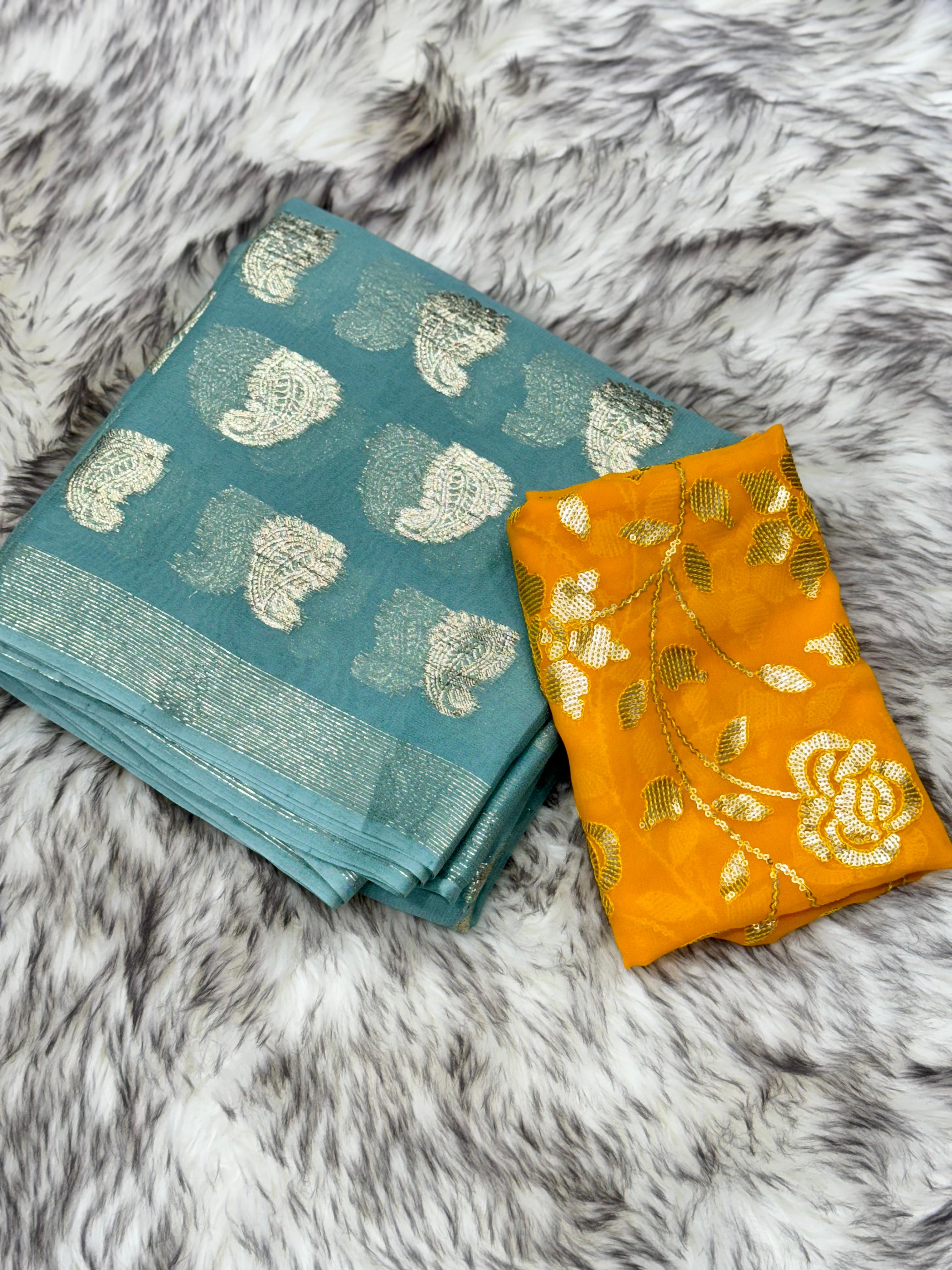 New Wedding Wear Sea Green Color Viscose Georgette Jacquard Zari Work Fancy Designer Saree With Sequence Blouse