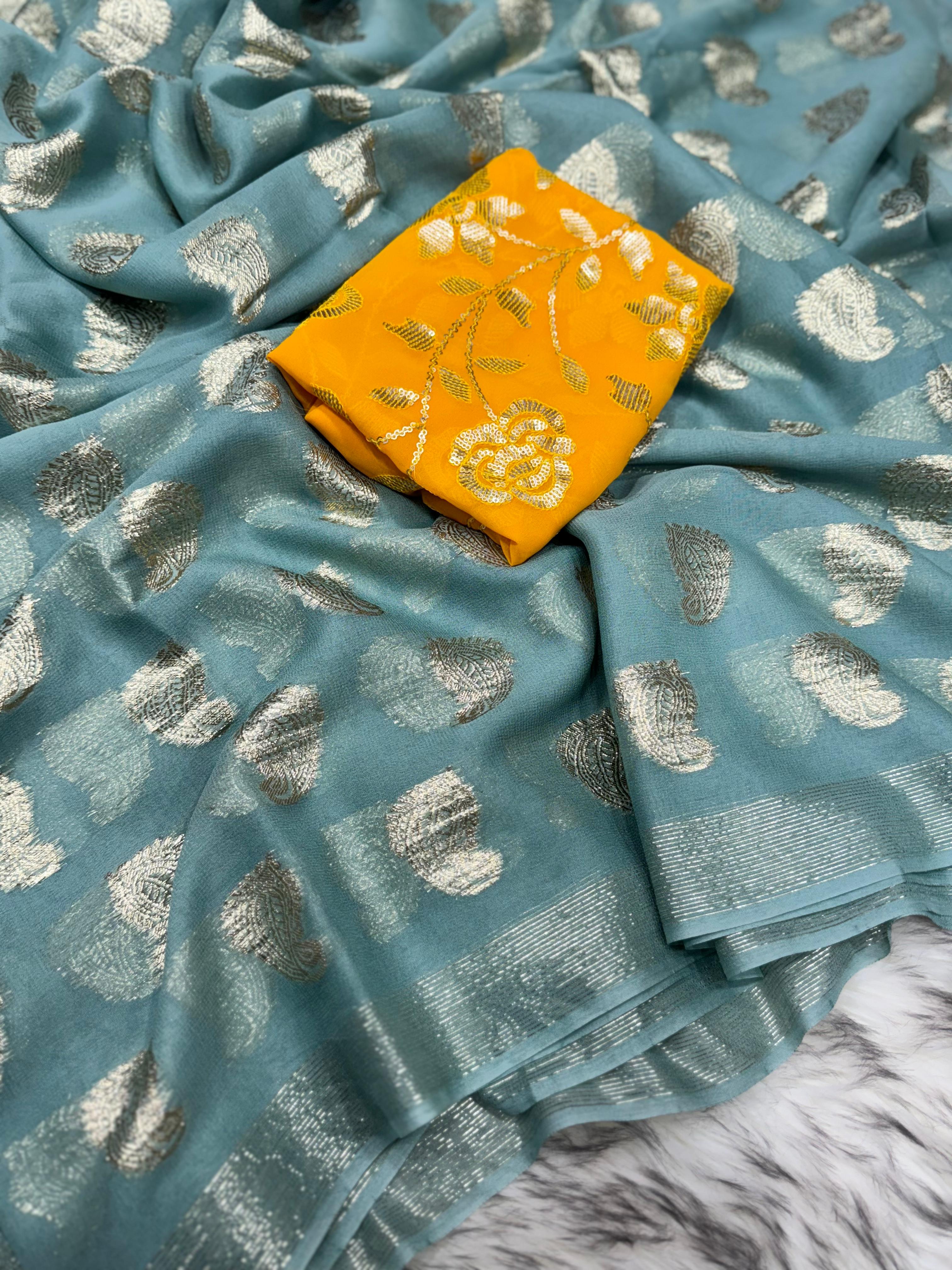 New Wedding Wear Sea Green Color Viscose Georgette Jacquard Zari Work Fancy Designer Saree With Sequence Blouse