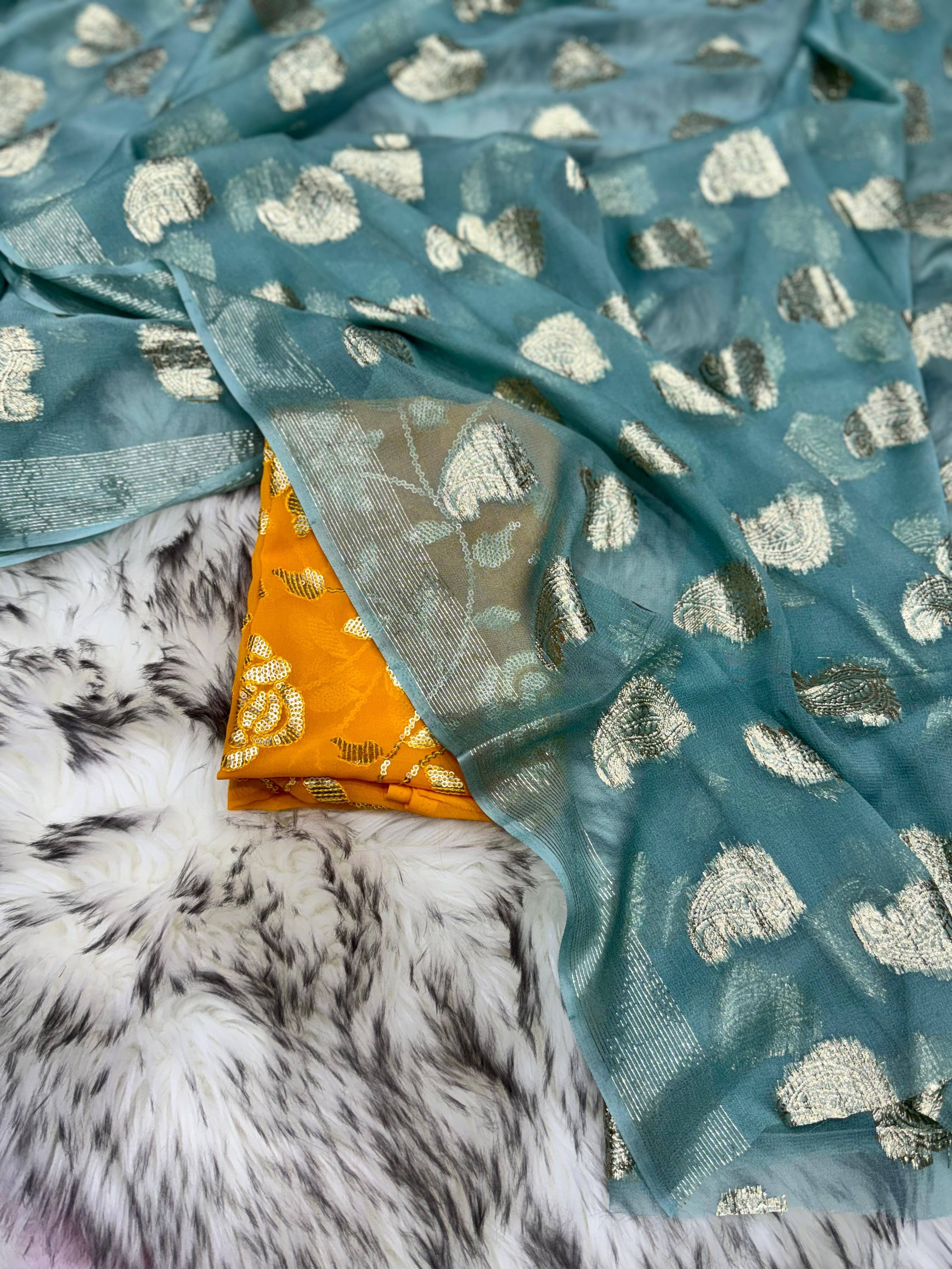 New Wedding Wear Sea Green Color Viscose Georgette Jacquard Zari Work Fancy Designer Saree With Sequence Blouse