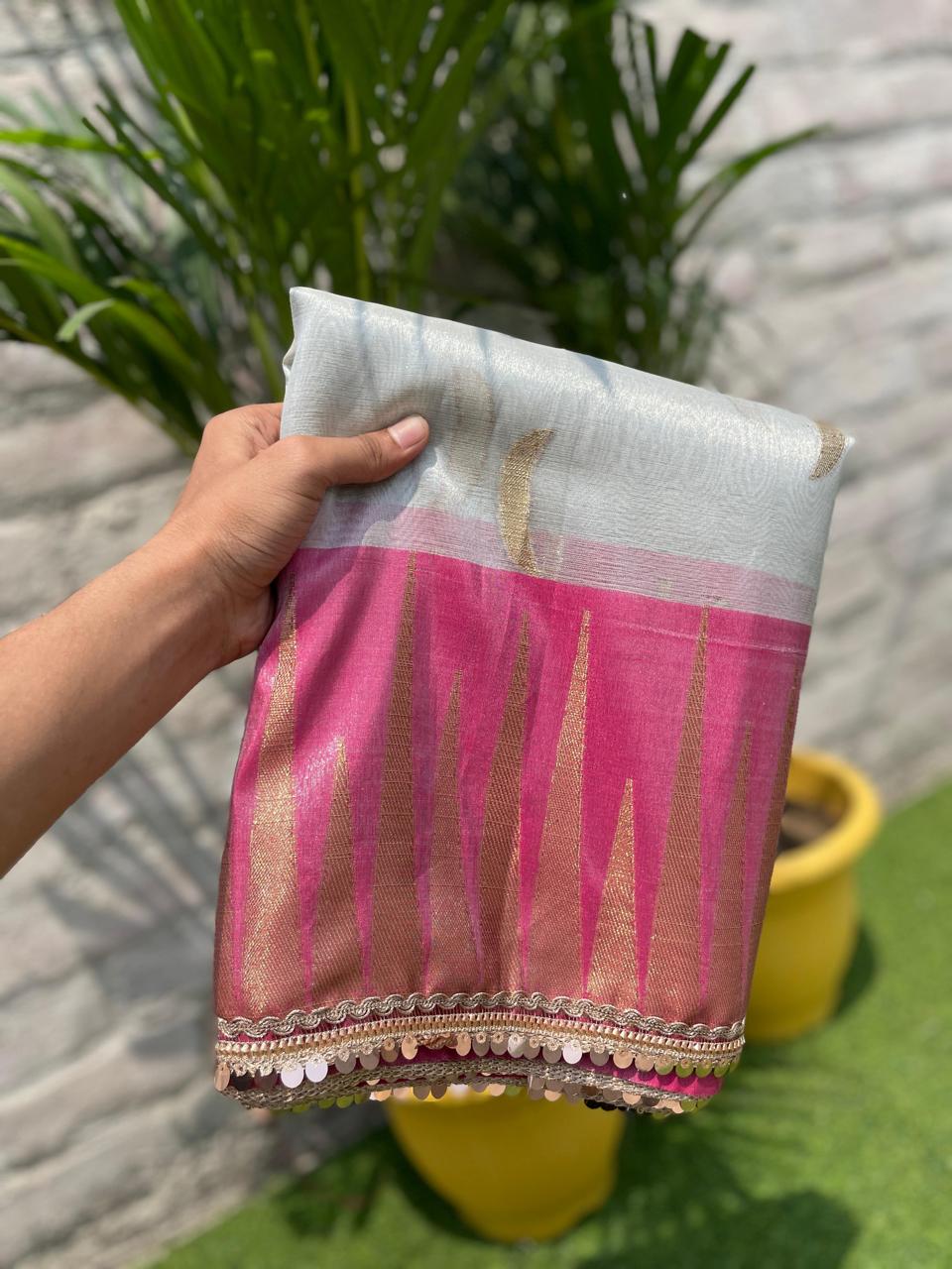 New Wedding Wear Silver Color Banarasi Tissue Silk Zari Weaving With Lace Work Fancy Designer Saree