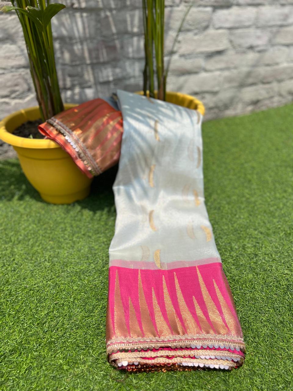 New Wedding Wear Silver Color Banarasi Tissue Silk Zari Weaving With Lace Work Fancy Designer Saree