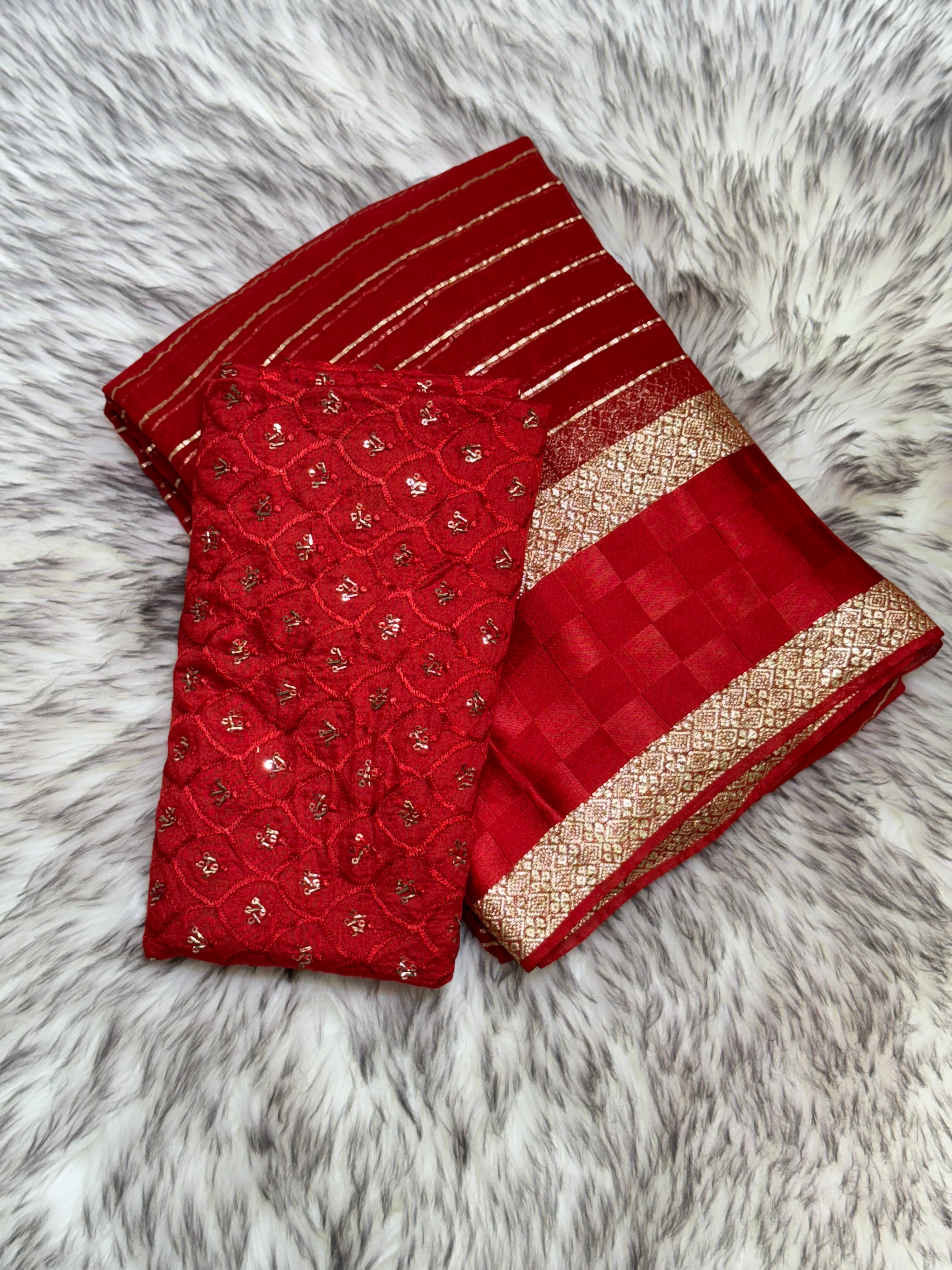 Latest Festive wear Red Color Viscose Georgette Jacquard Weaving Work Designer Saree