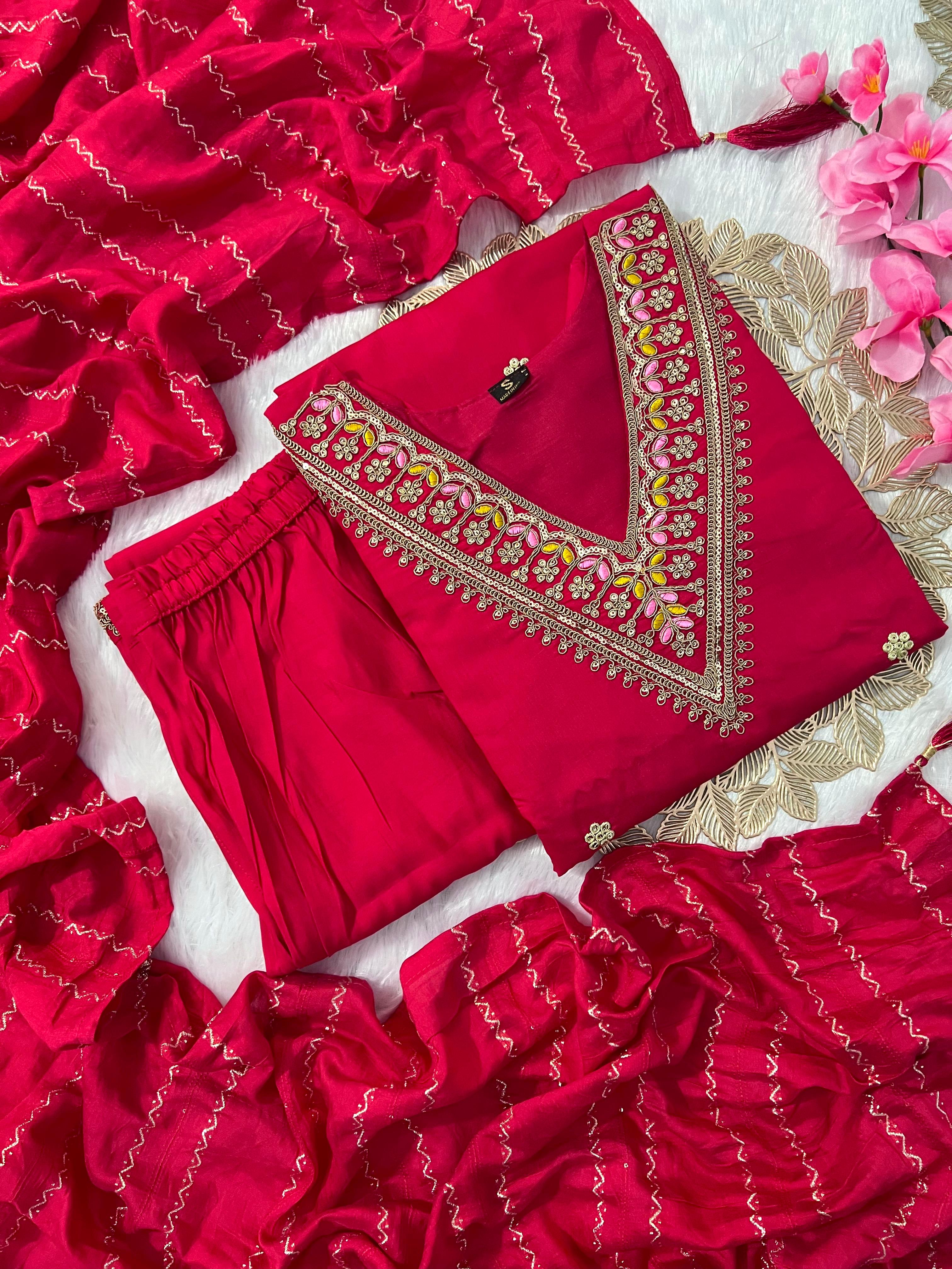 New Wedding Wear Red Color Roman Silk Embroidery Work Designer Straight Kurta With Trouser n Dupatta Set