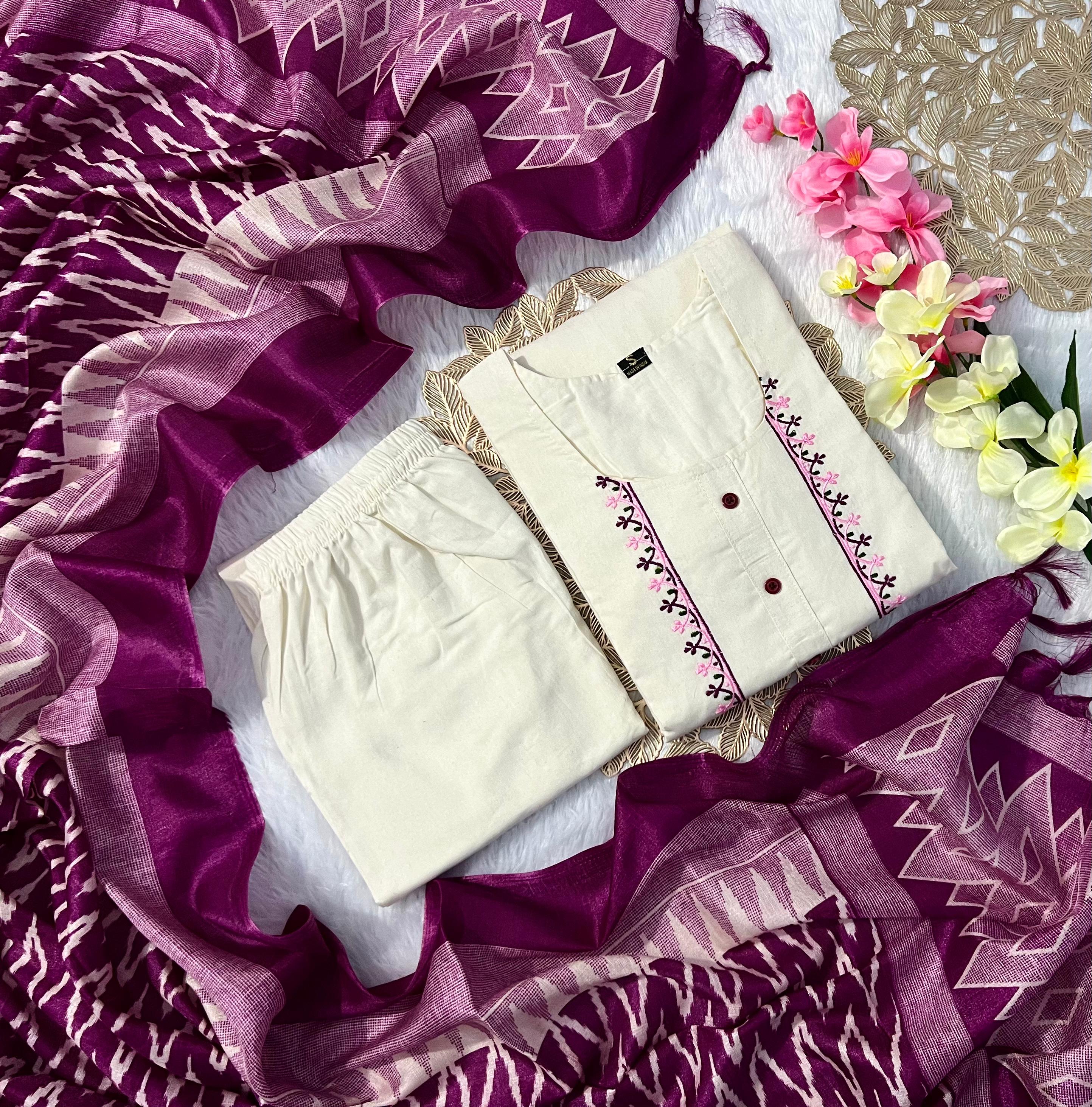 New Wedding Wear Off White Color Embroidery Work Designer Straight Kurta With Trouser n Dupatta Set