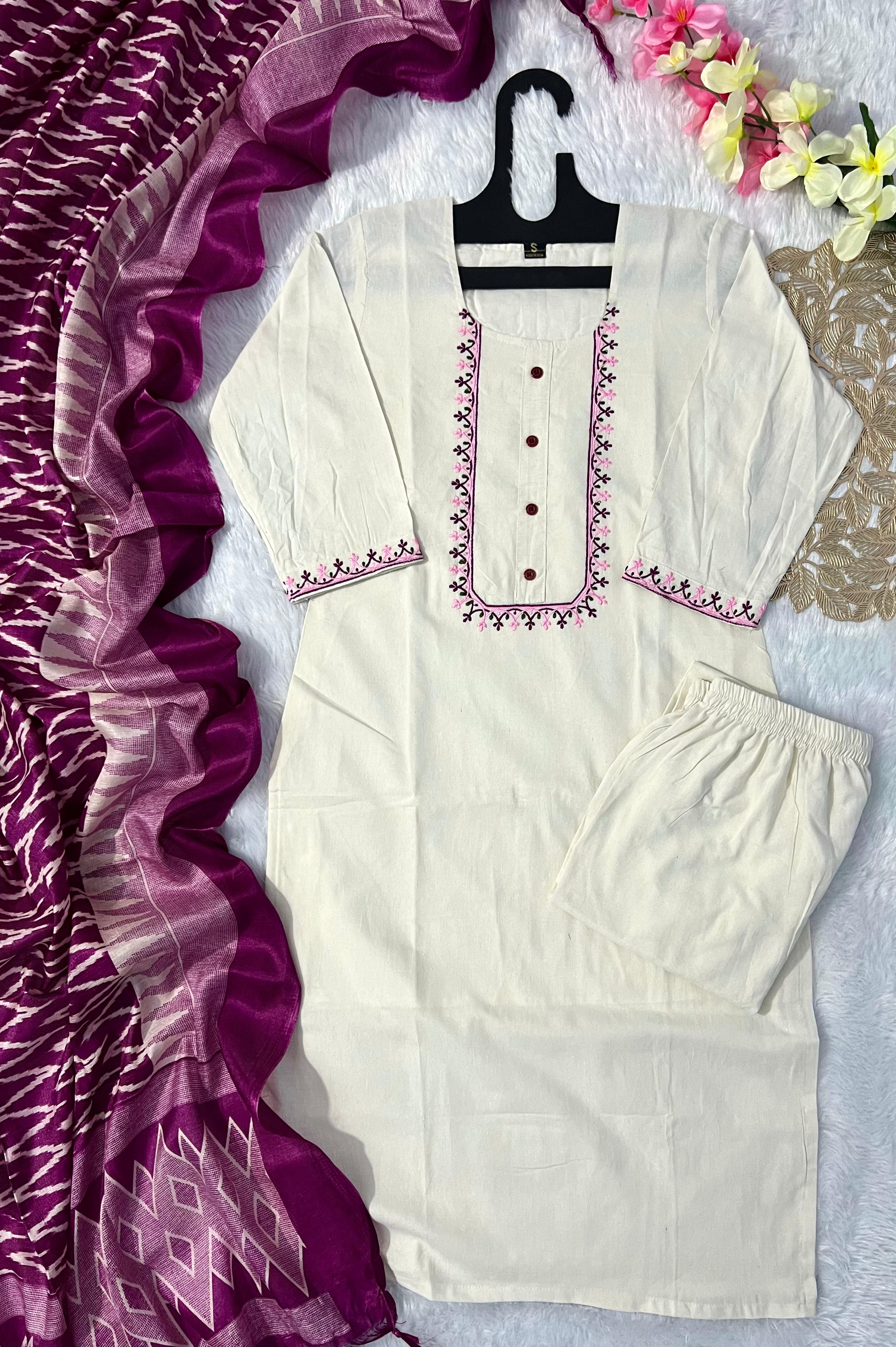 New Wedding Wear Off White Color Embroidery Work Designer Straight Kurta With Trouser n Dupatta Set