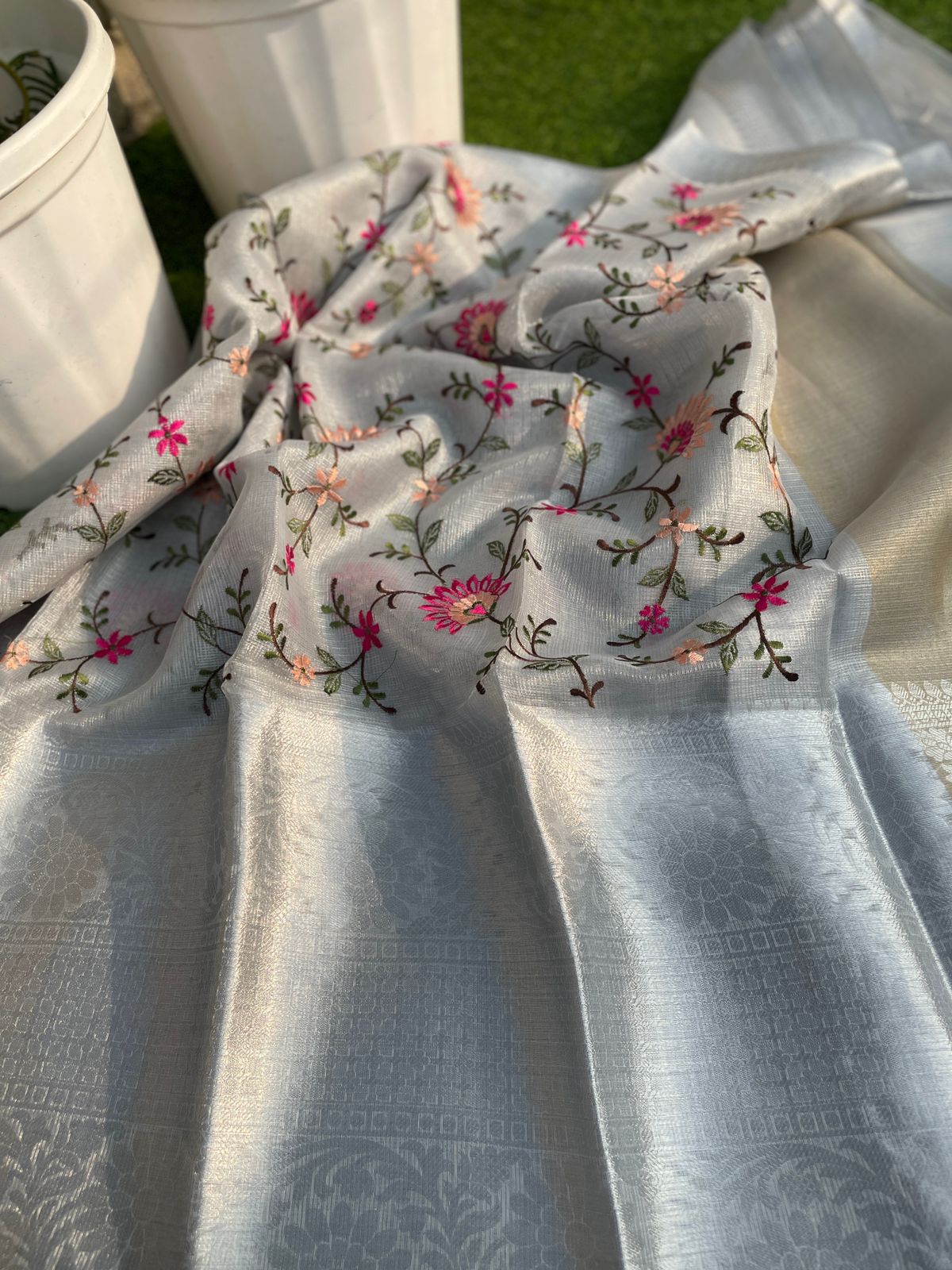 Festive wear Silver Color Banarasi TIssue Silk Emboidery Work Fancy Designer Saree With Blouse