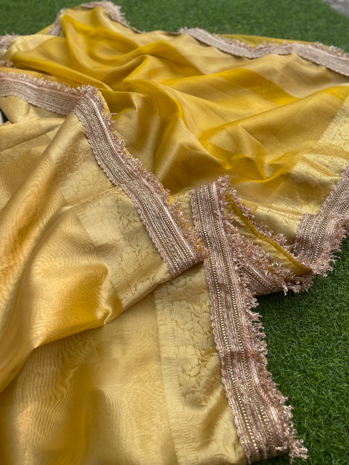 New Yellow Color Banarasi Tissue Silk Jacquard n Lace Work Fancy Designer Partywear Saree