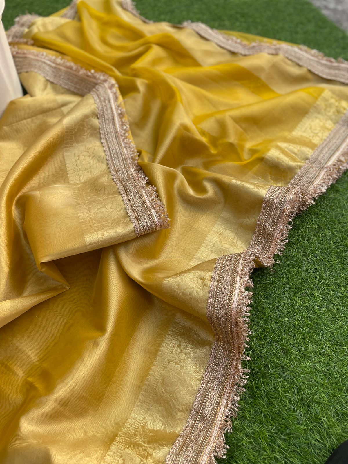 New Yellow Color Banarasi Tissue Silk Jacquard n Lace Work Fancy Designer Partywear Saree