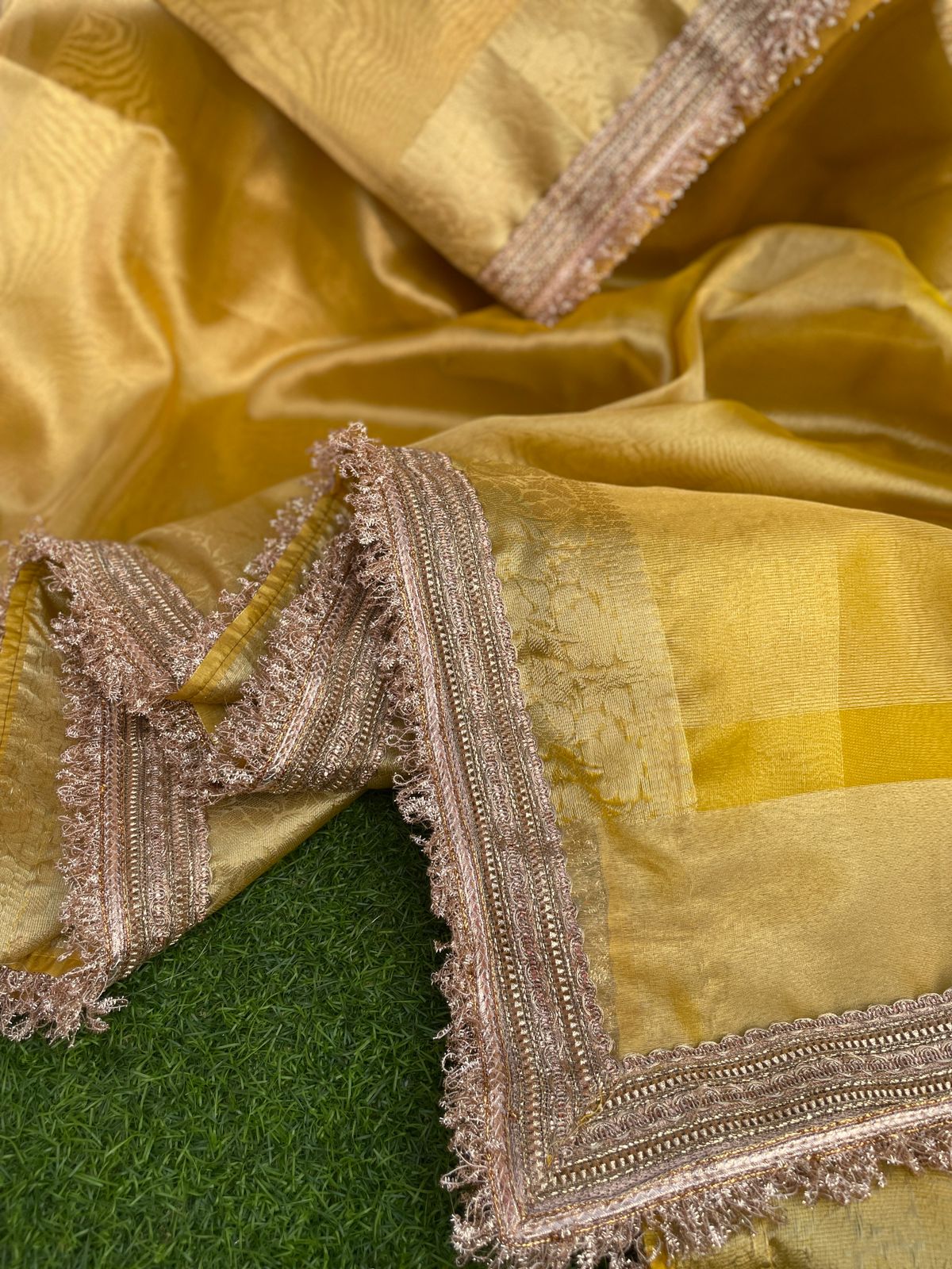 New Yellow Color Banarasi Tissue Silk Jacquard n Lace Work Fancy Designer Partywear Saree